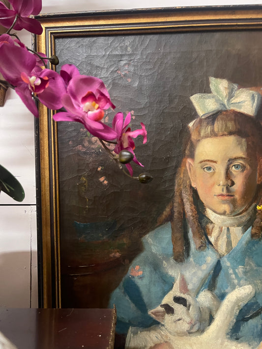Antique Portrait Oil Painting of Young Girl with White Cat, 19th Century Blue and White Portrait with Bow | Original Antique Portrait Oil Painting
