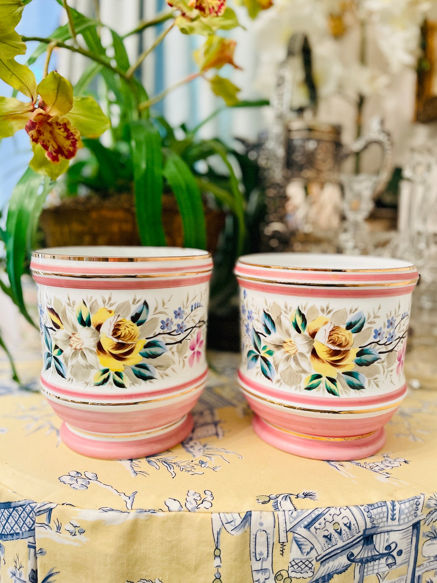 Vintage Porcelain Jardiniere, Pink and White with Hand Painted Flowers and Gilt Detail, Made in Germany, Estate Decor