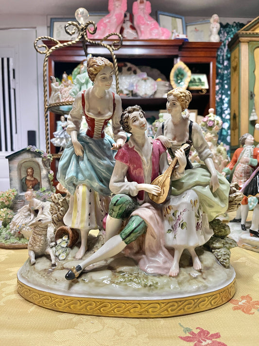 Large Vintage Spanish Porcelain Figural Centerpiece | Rococo Courting Scene with Sheep | 12” Tall