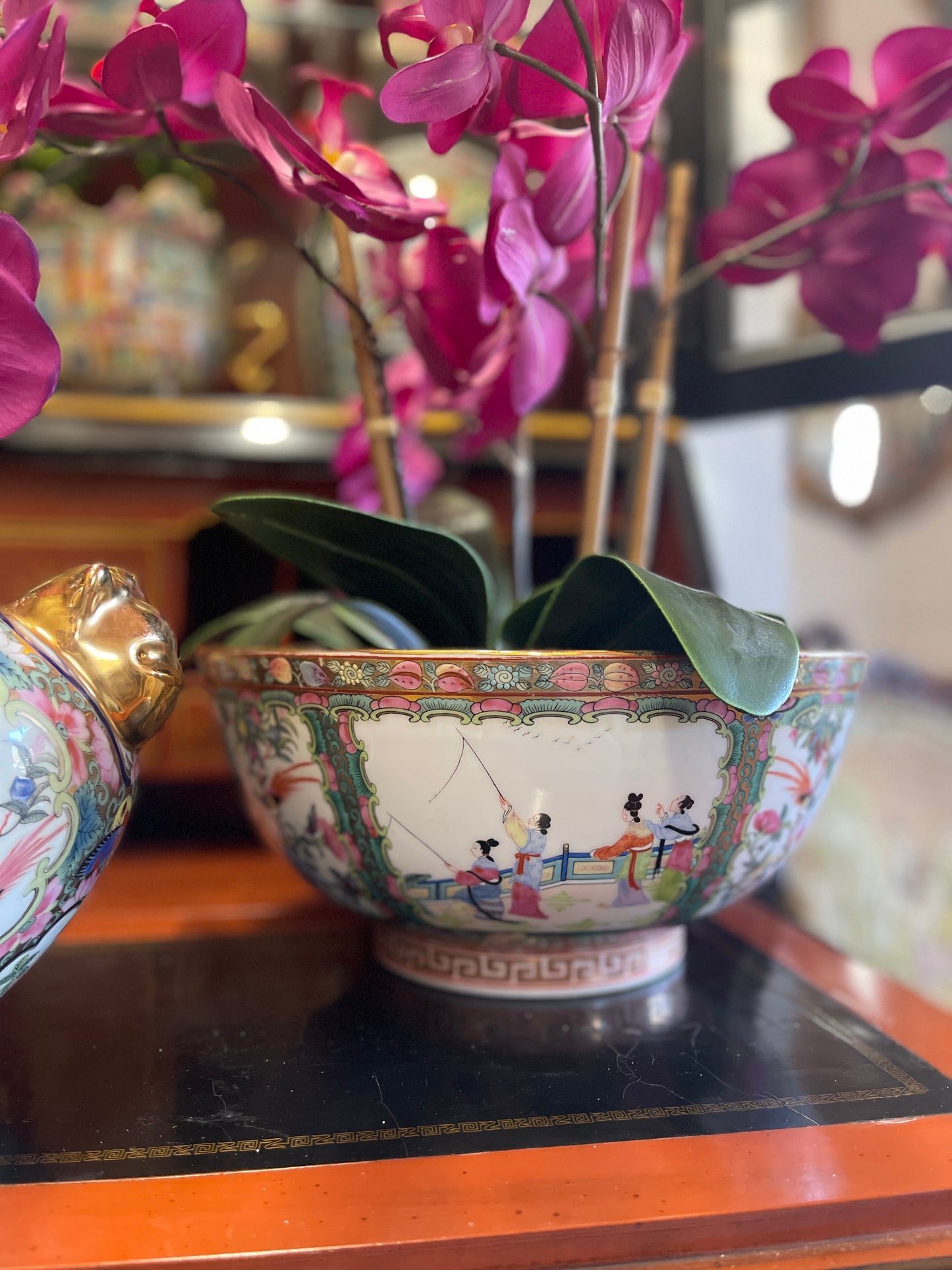 Large Famille Rose Punch Bowl, Greek Key Border