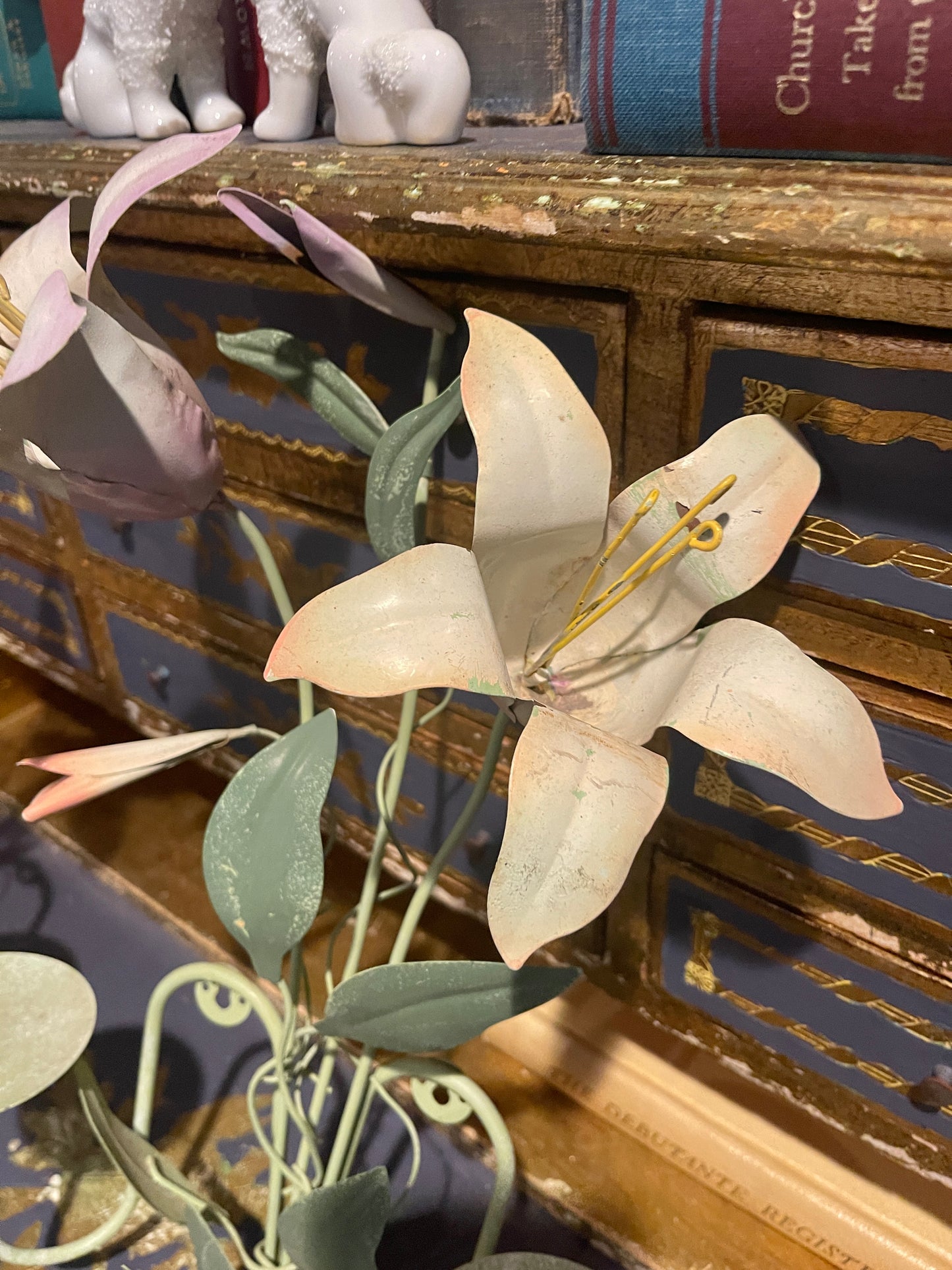 Vintage Tole Pink and Green Lily Candle Sconces, Pair, Chippy Paint, Cottage Chic