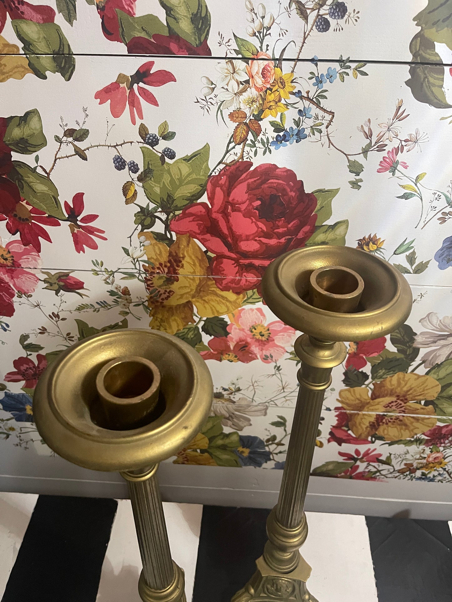 20th Century Pair of Brass Altar Stick Candlesticks with Jesus and Sacred Hearts, Altarware Brass Candlesticks