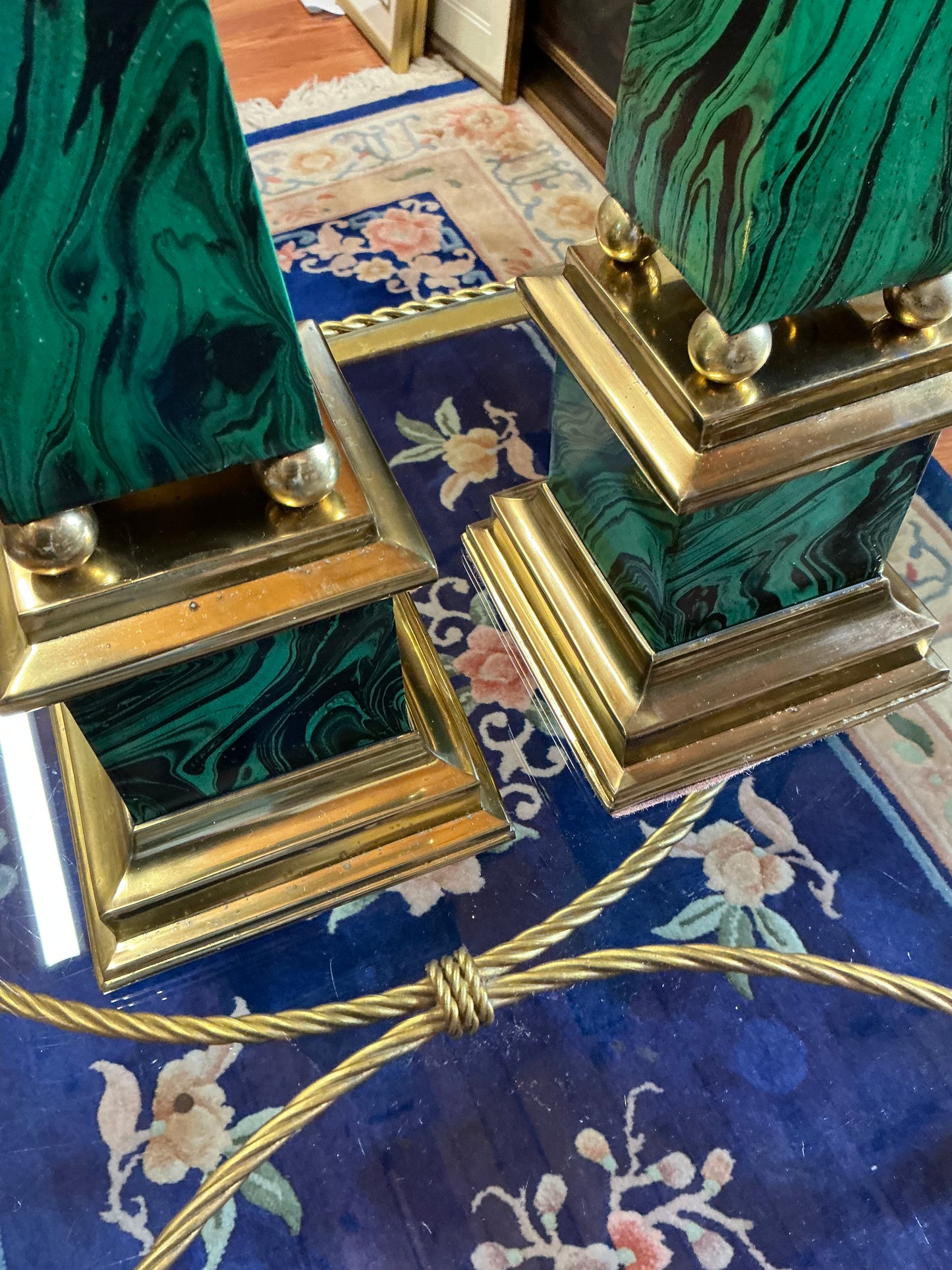 Vintage Faux Malachite and Brass Obelisks Pair