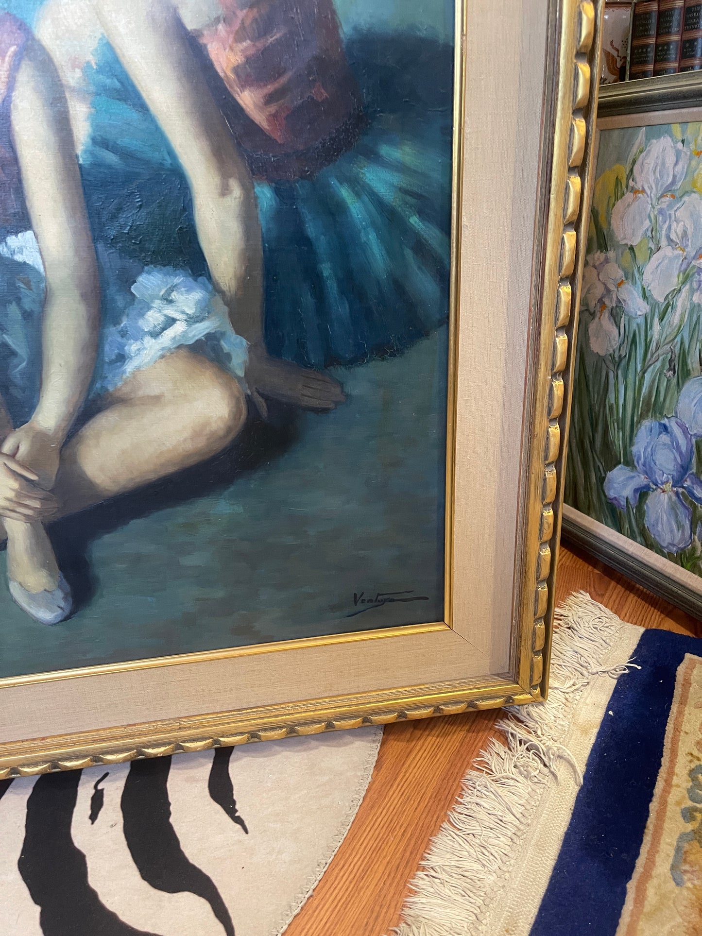 Young Dancers Sitting, Oil Painting on Canvas, Signed Ventage, Ballerina Art, Solid Wood Frame
