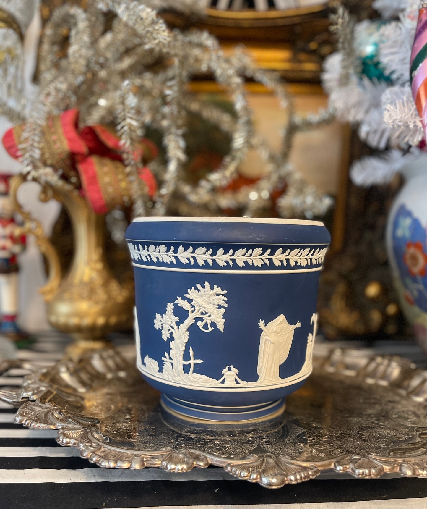 Blue and White Jasperware Cachepot by Adams, Made in England