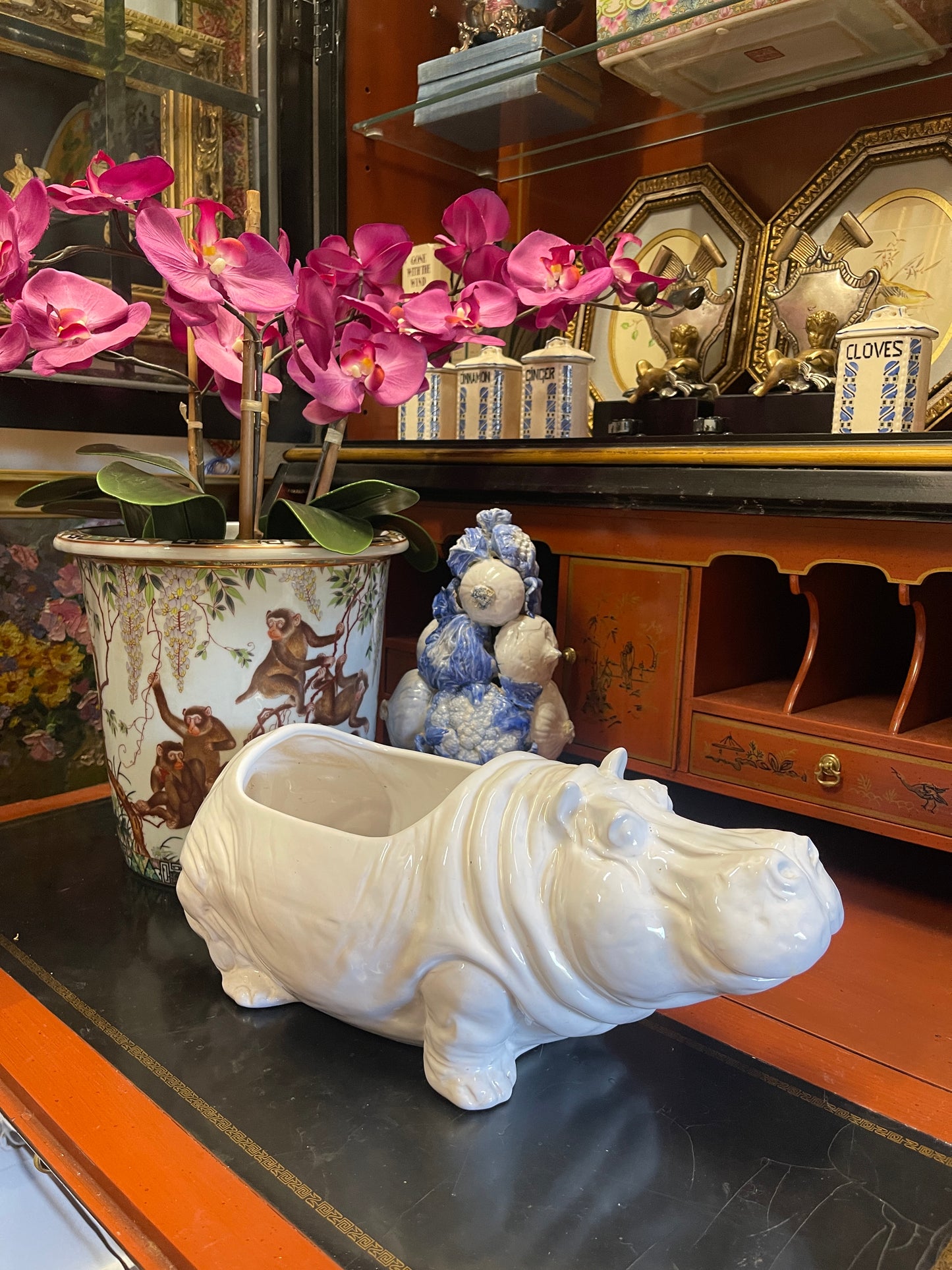 Whimsical Vintage Glazed Pottery Hippo Planter, Italian