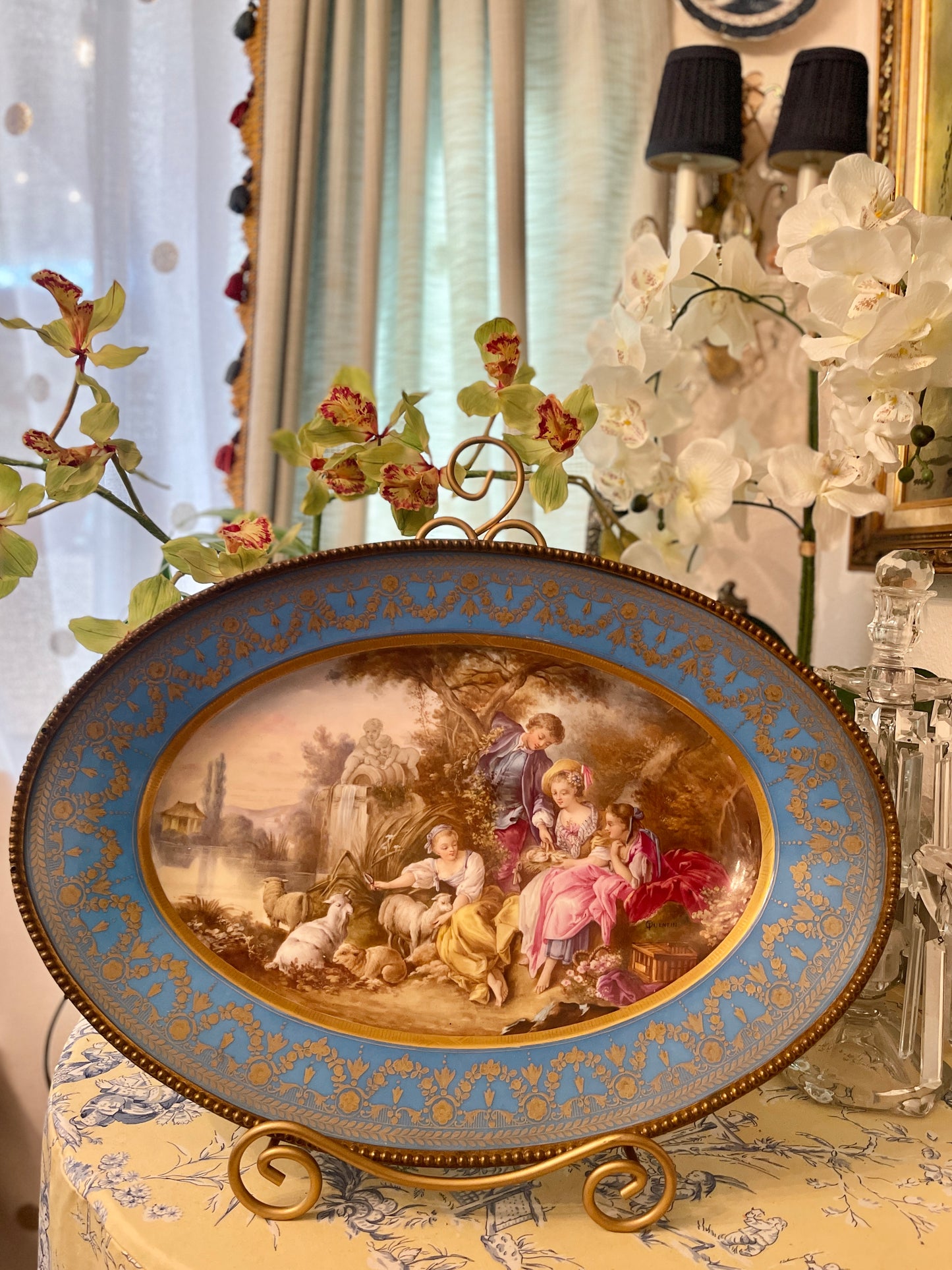 XLARGE French Porcelain Sevres Style Tray with Gilded Tole Trim, Pastoral Courting Scene in the style of Boucher