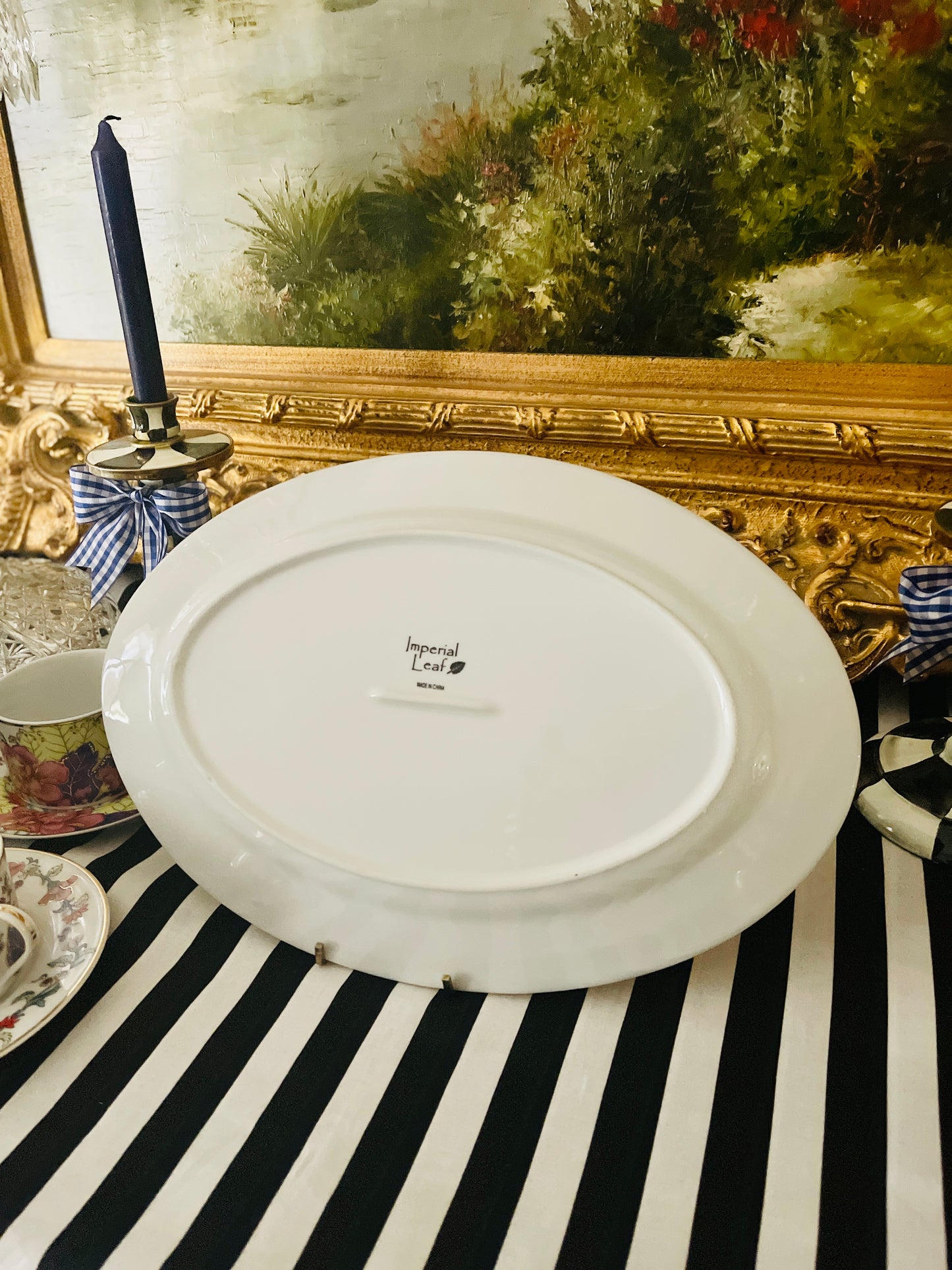Imperial Leaf Tobacco Leaf Oval Serving Platter, Gold Rim