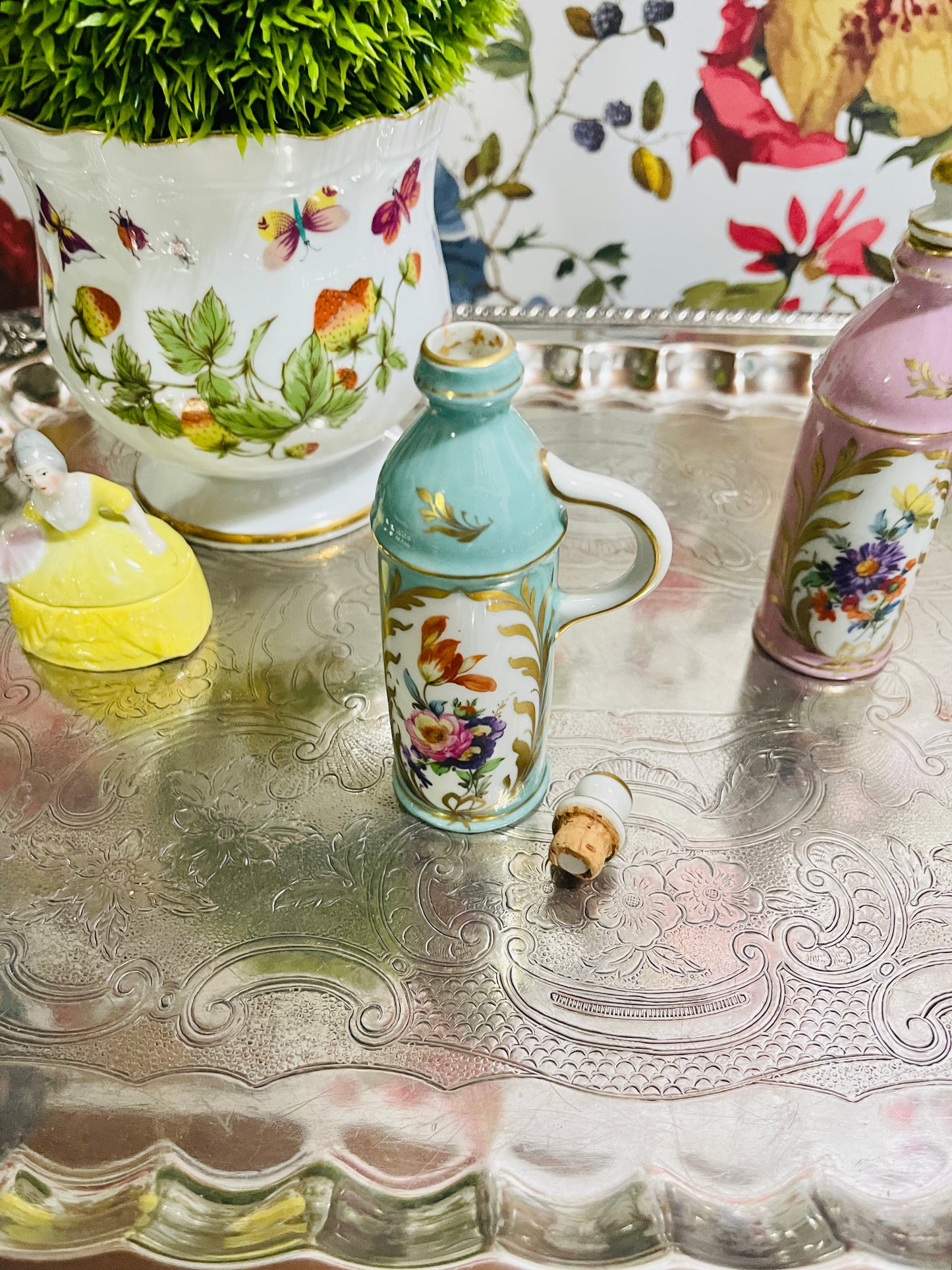 Tiffany Blue French Orlik Perfume Bottle, Hand Painted, Gilt Detail