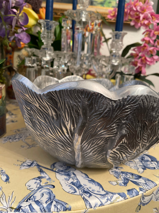 Vintage Pewter Salad Serving Bowl, Lettuce/Cabbage Leaf,  Heavy!