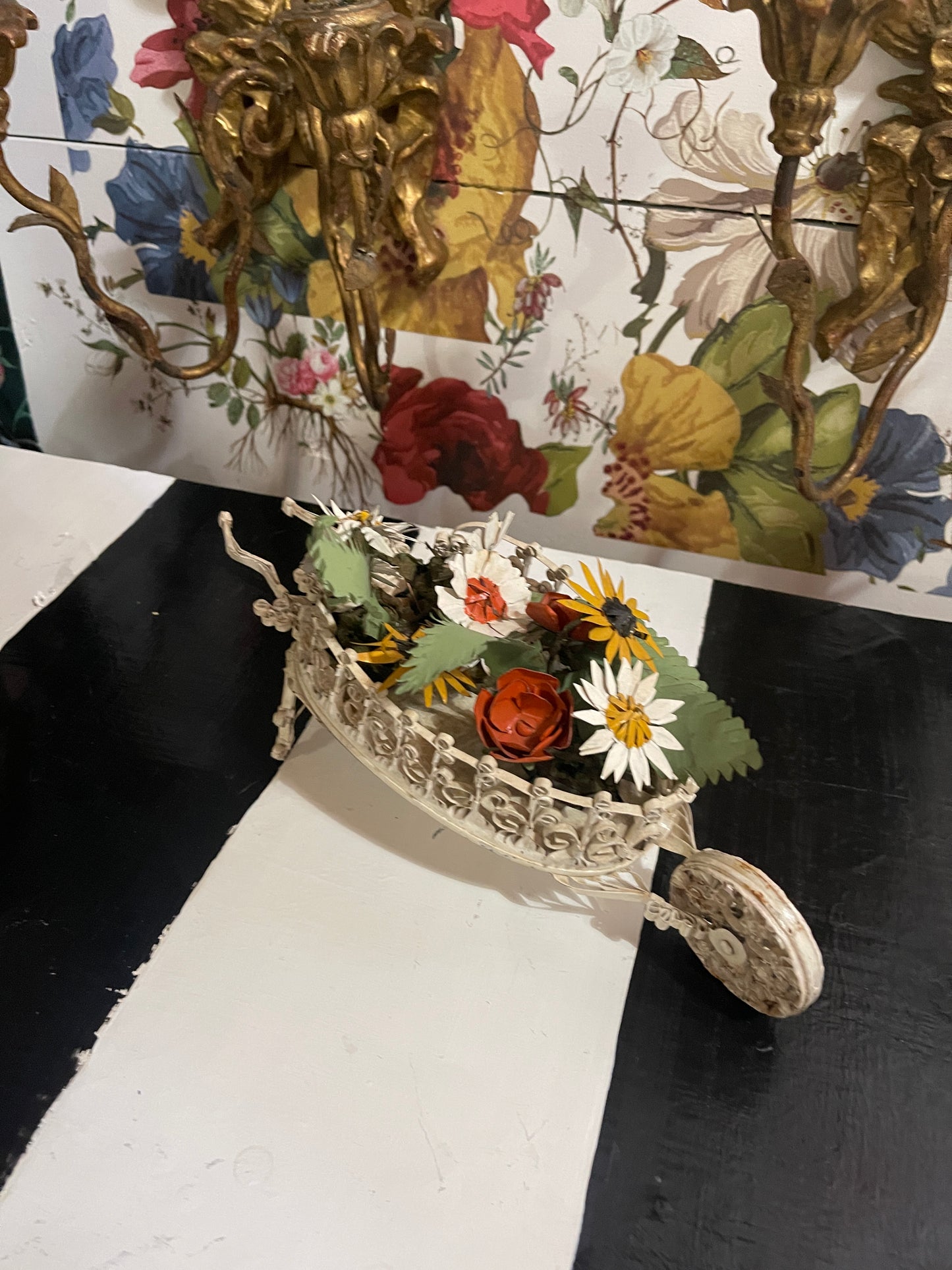 Vintage Tole Wheelbarrow with Flowers and Frawns