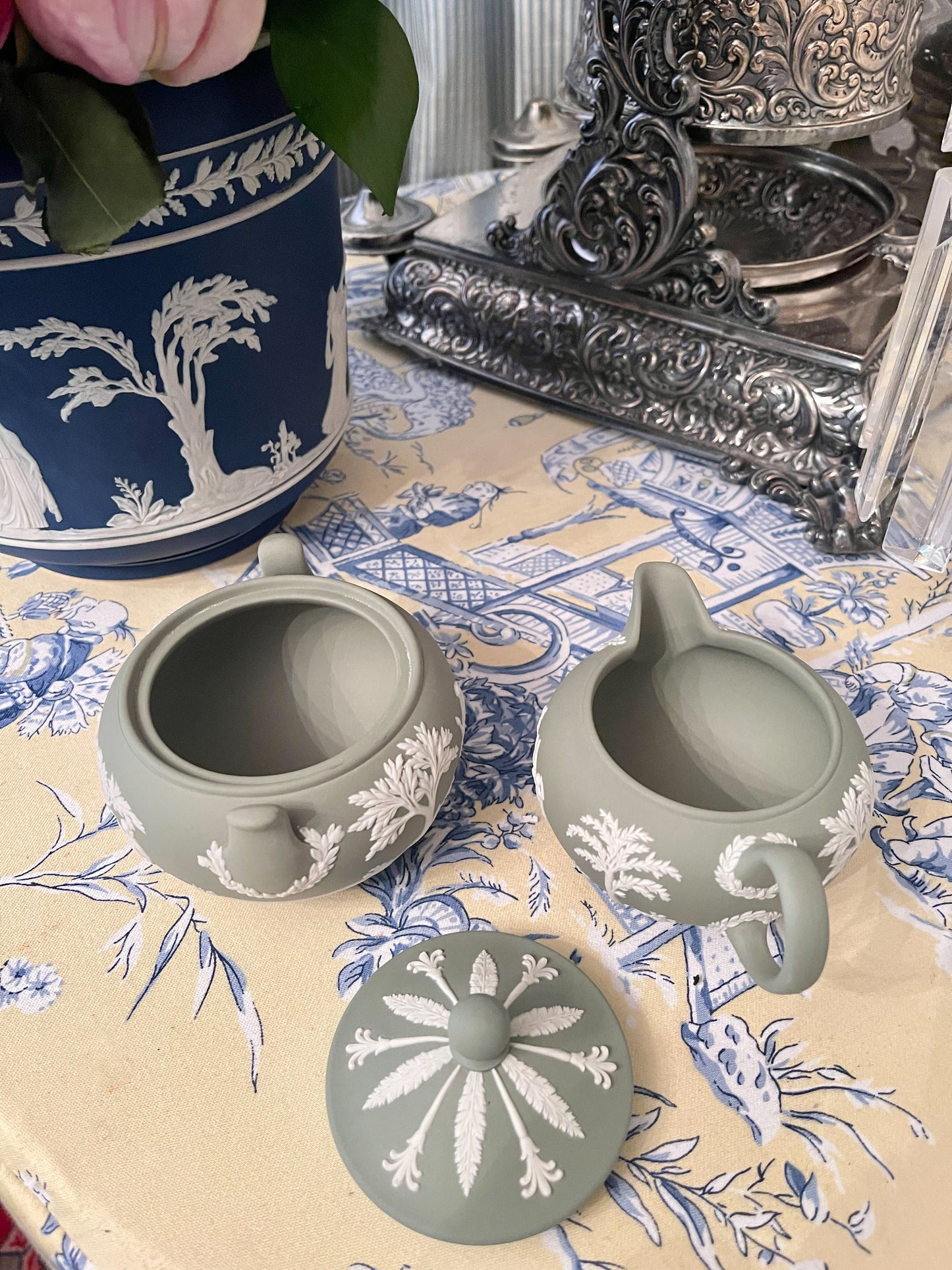 Wedgwood Cream and Lidded Sugar Bowl Set, Cream on Celadon Jasperware, Vintage
