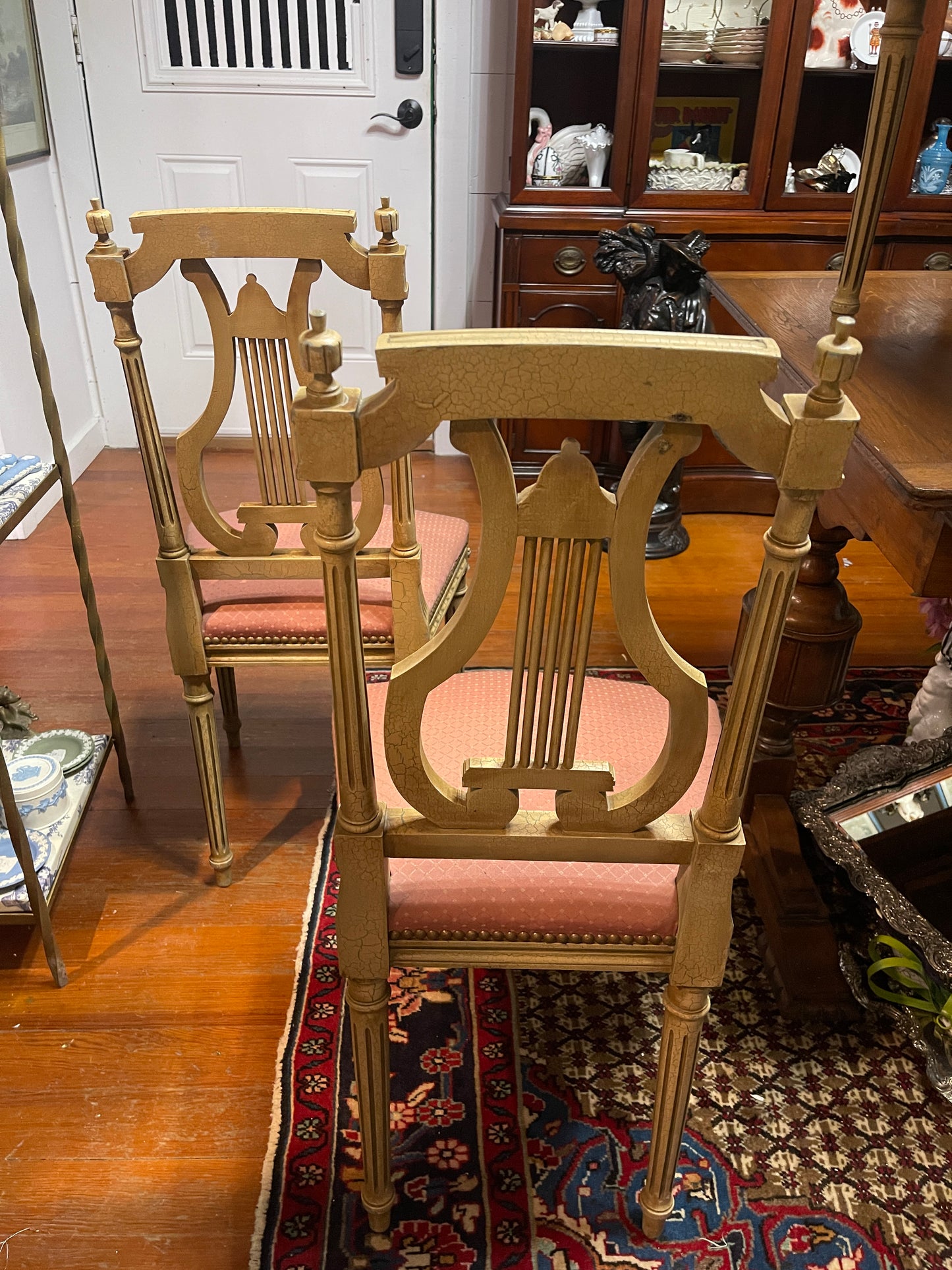 Pair of Antique Neoclassical Lyre Back Chairs – Carved Gilt Accents & Blush Upholstery *Pick Up Only*