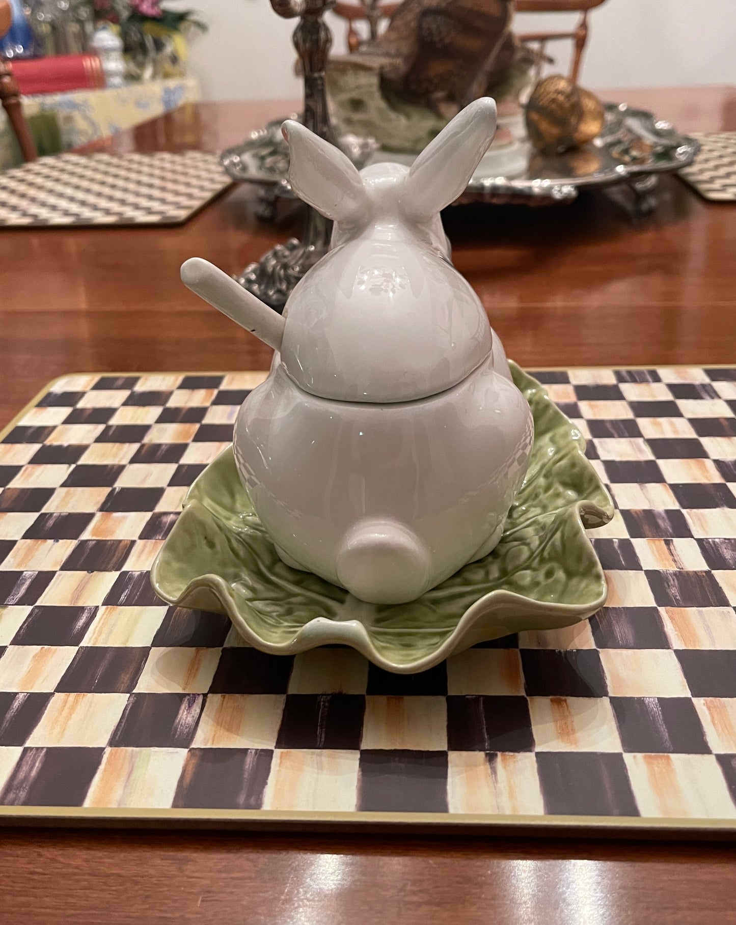 Vintage Bordallo Pinheiro Rabbit Saucier Dish on Cabbage Leaf Under Plate with Ladle