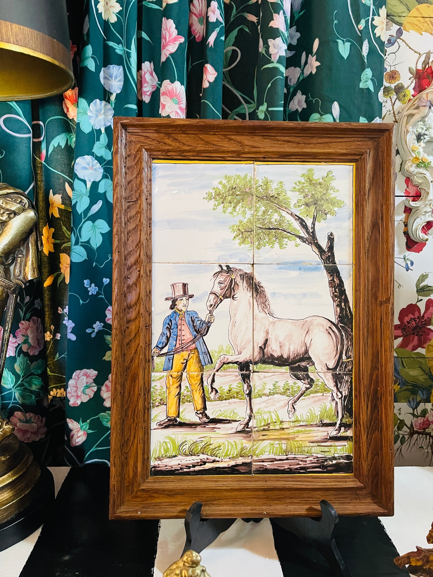 Vintage Dutch Delfware Country Tile Mural, Brass Bow Hook