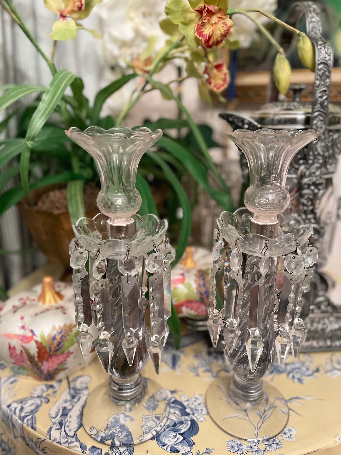 Vintage Fostoria candlesticks with blush pink votives with lusters and long prisms. This pair is truly stunning!