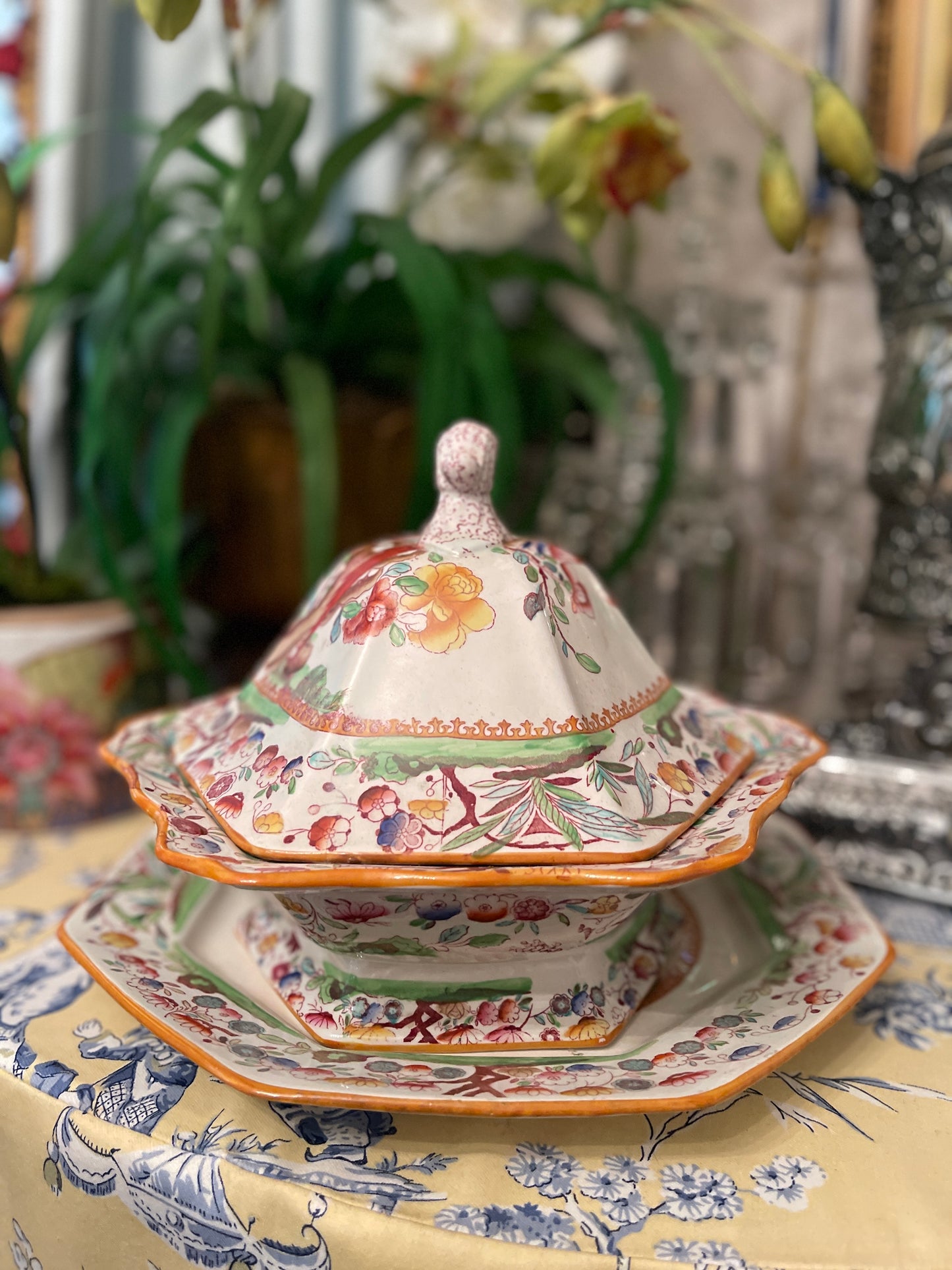 Antique Chinoiserie Birds of
Paradise Lidded Dish and Underplate by Ashworth
Bros. Hanley, Staffordshire England, Mason's Ironstone, Chinoiserie Chic