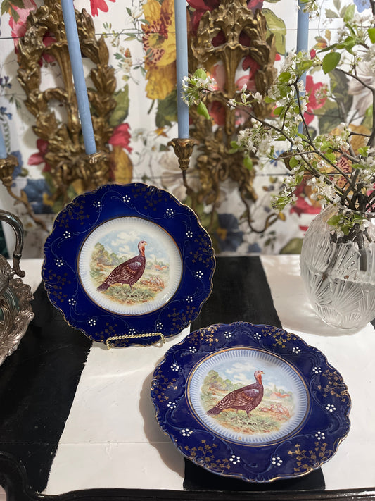 Antique Flow Blue La Belle 10” Turkey Plate, 2 Available