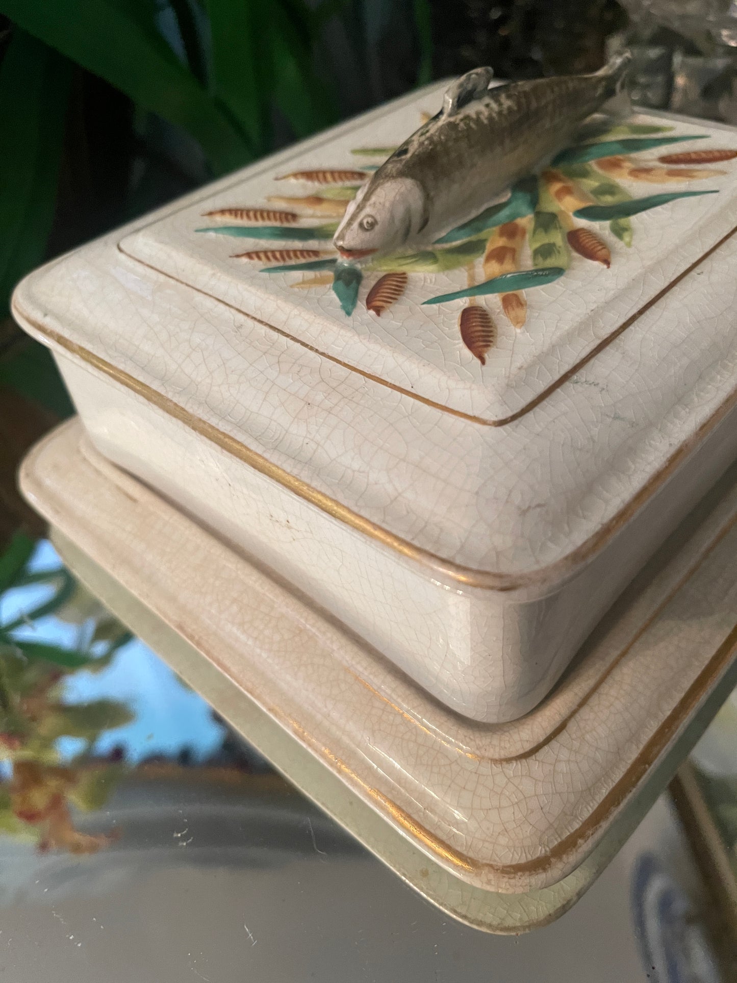 French Porcelain Sardine Box, Antique French Porcelain Sardine Box with Wheat and Fish Motif, Numbered