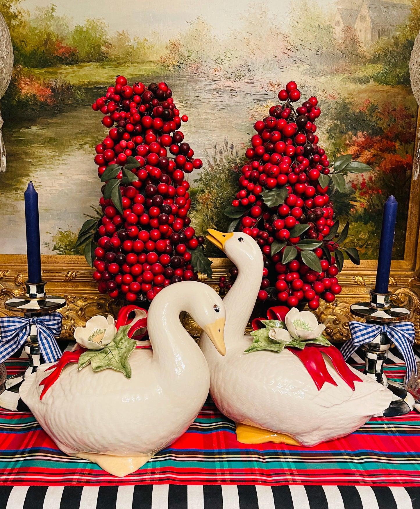 Vintage Christmas Geese with White Flowers and Red Bows, Hand Painted