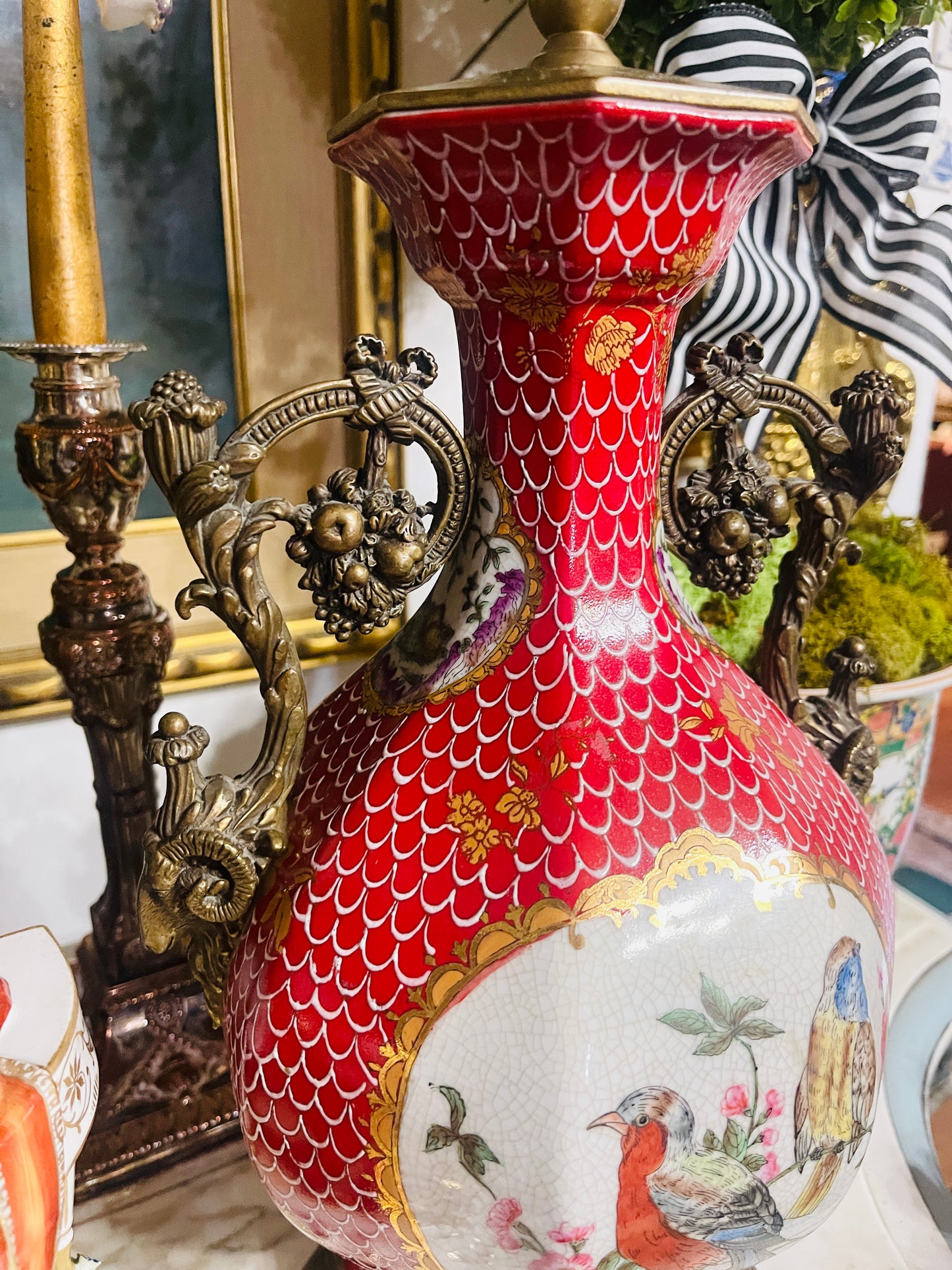 Vintage Red Porcelain Bird Lamps Pair | Ormolu Bow & Wreath Handles | European Twists, Grandmillennial / Chinoiserie Decor