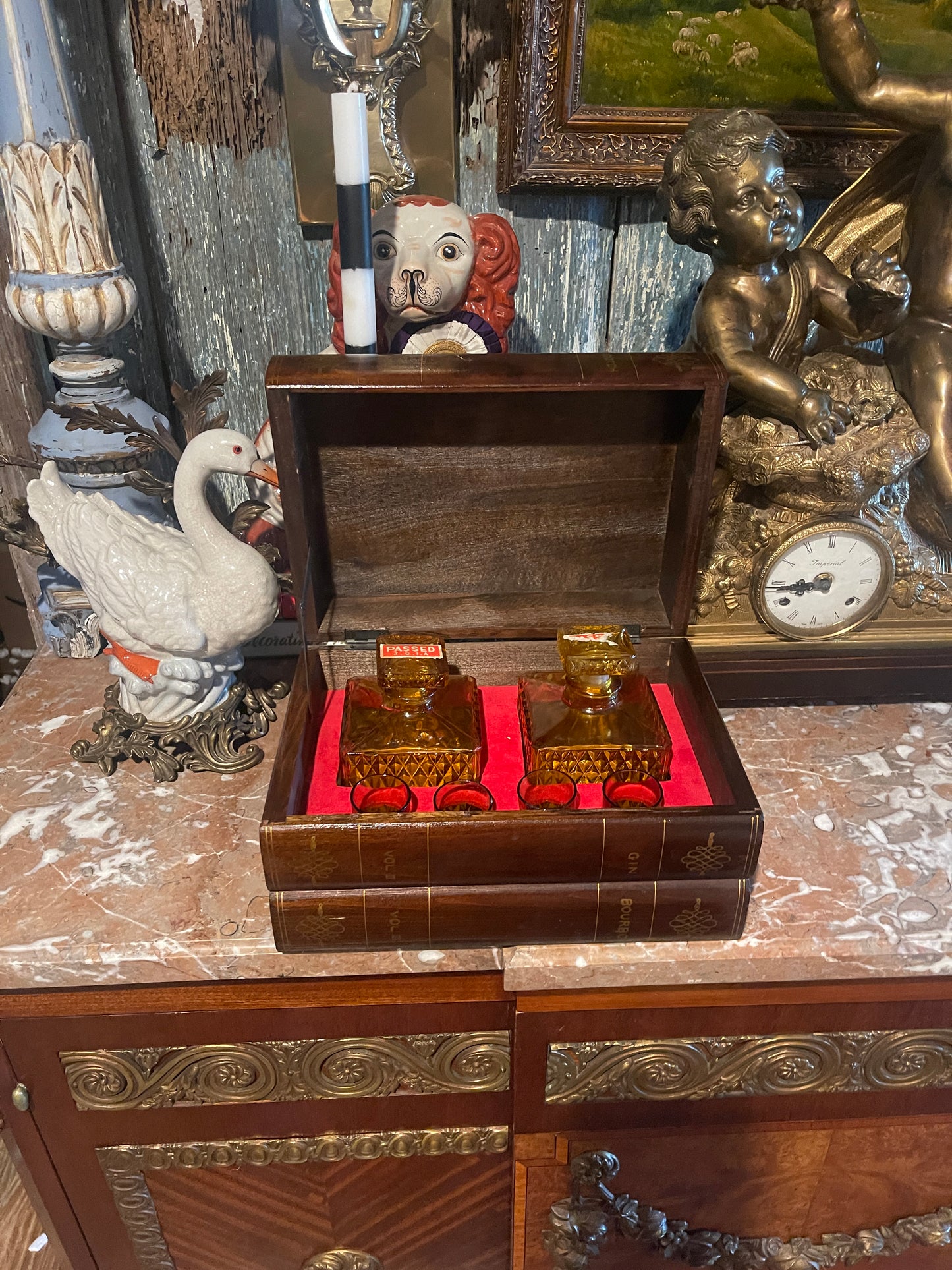 Vintage Japanese Wood “Book Stack” Box with Amber Glass Inset — Mid-Century Bar Set, Made in Japan