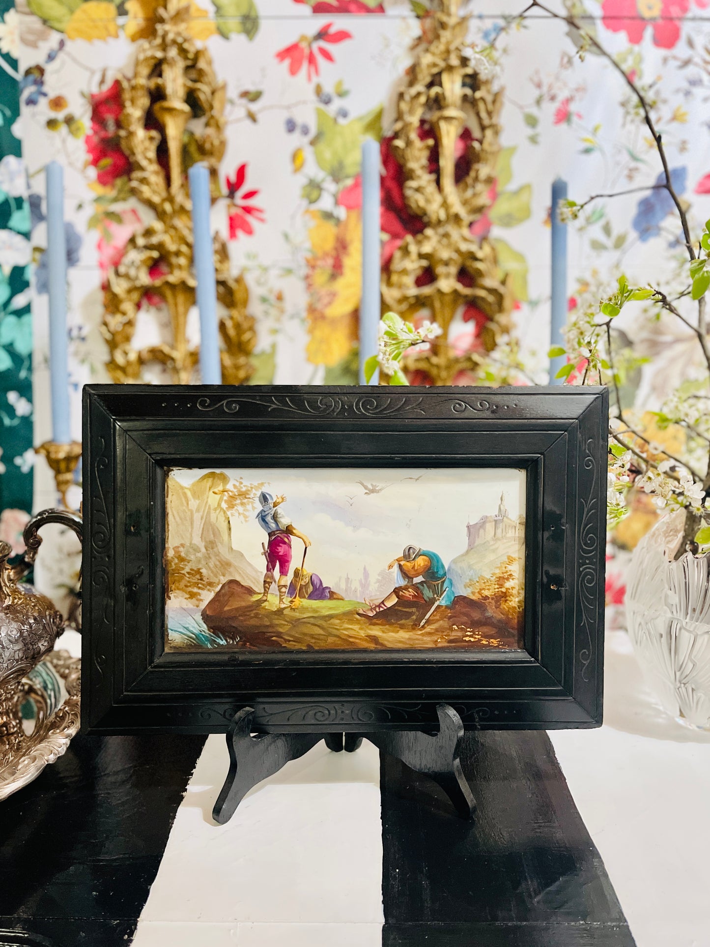 19th Century French Porcelain Napoleon III Table Top, Ebonized Wood, Hand Painted