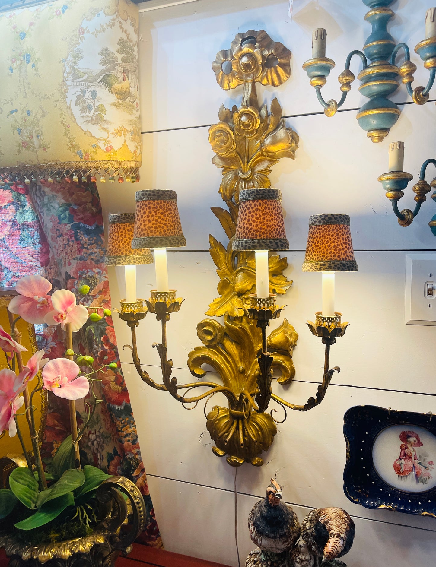 Italian Gilt Wood Wall Sconce, Carved Flowers with Bow, Four Light, Wired