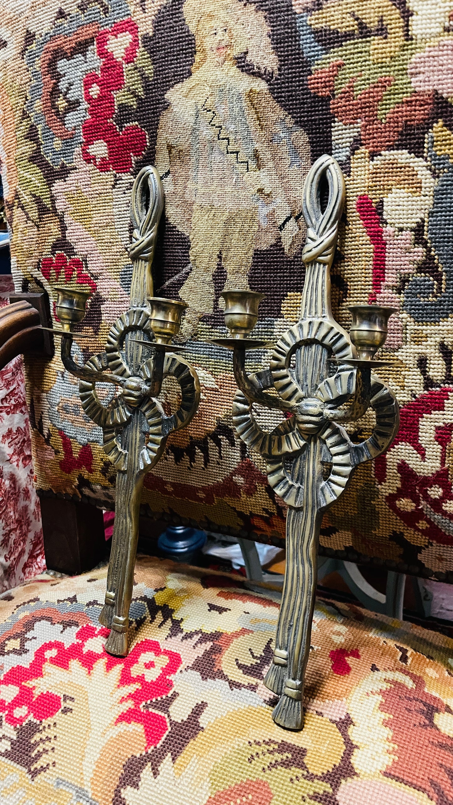 Pair of Vintage Gold-Toned Metal Tassel & Ribbon Candle Wall Sconces