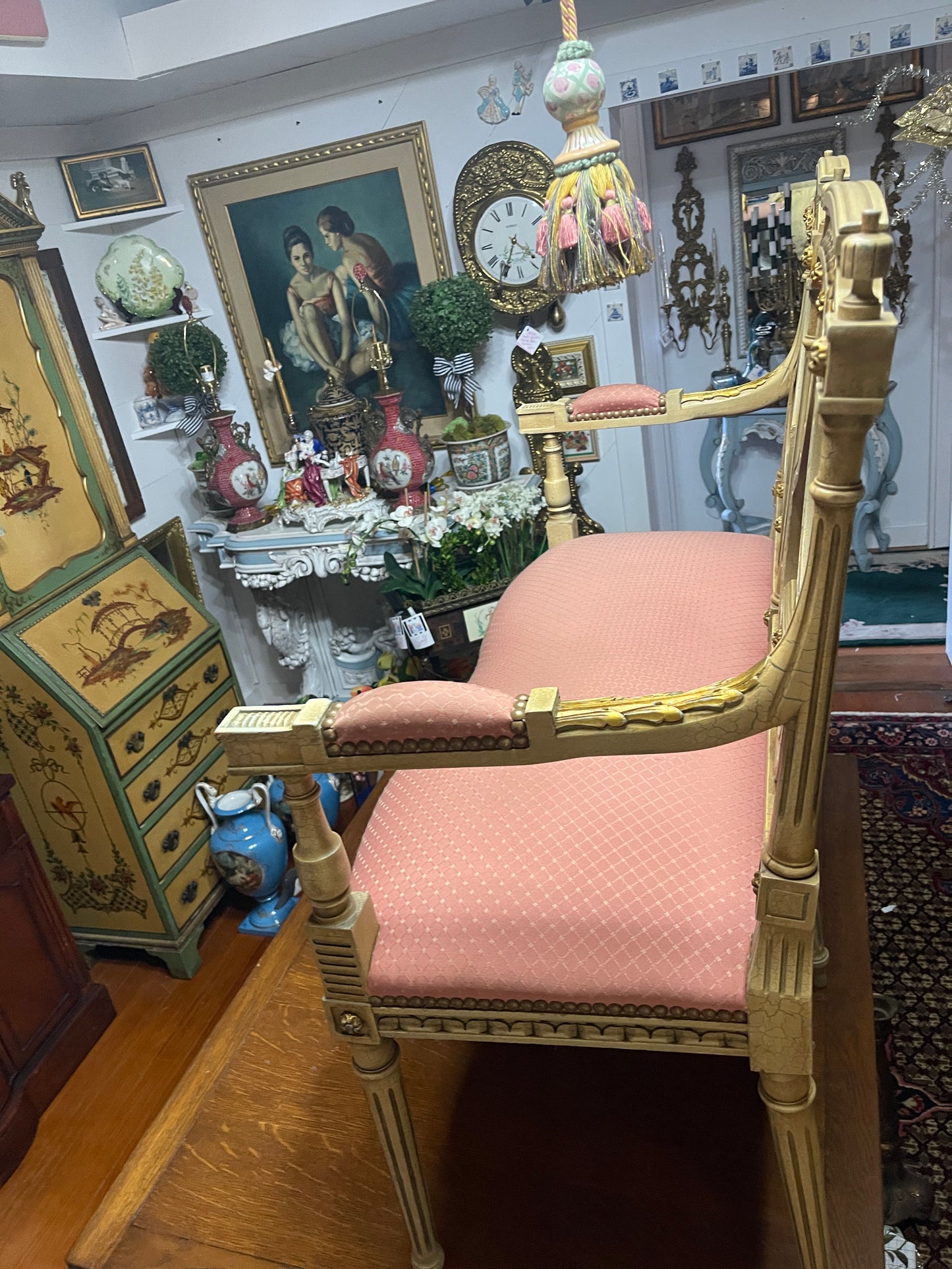 Antique Neoclassical Lyre Back Settee – Gilt Detailing & Blush Upholstery