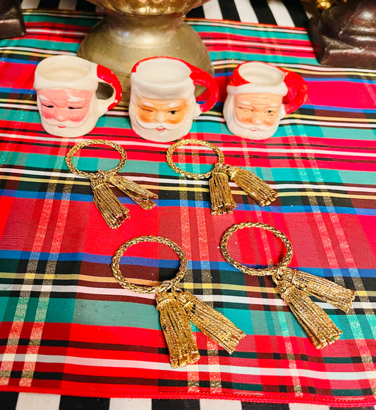 Gold Tole Double Tassel Napkin Rings, Set of 4