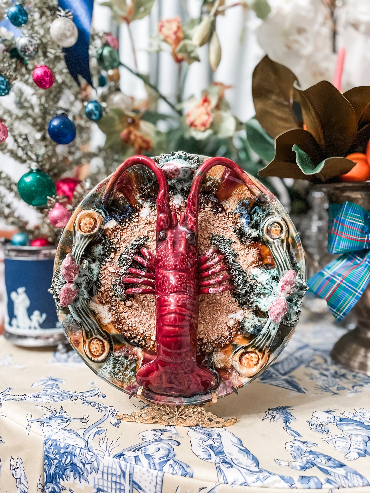 Vintage Majolica Palissy Style Lobster Plate, Estate Decor