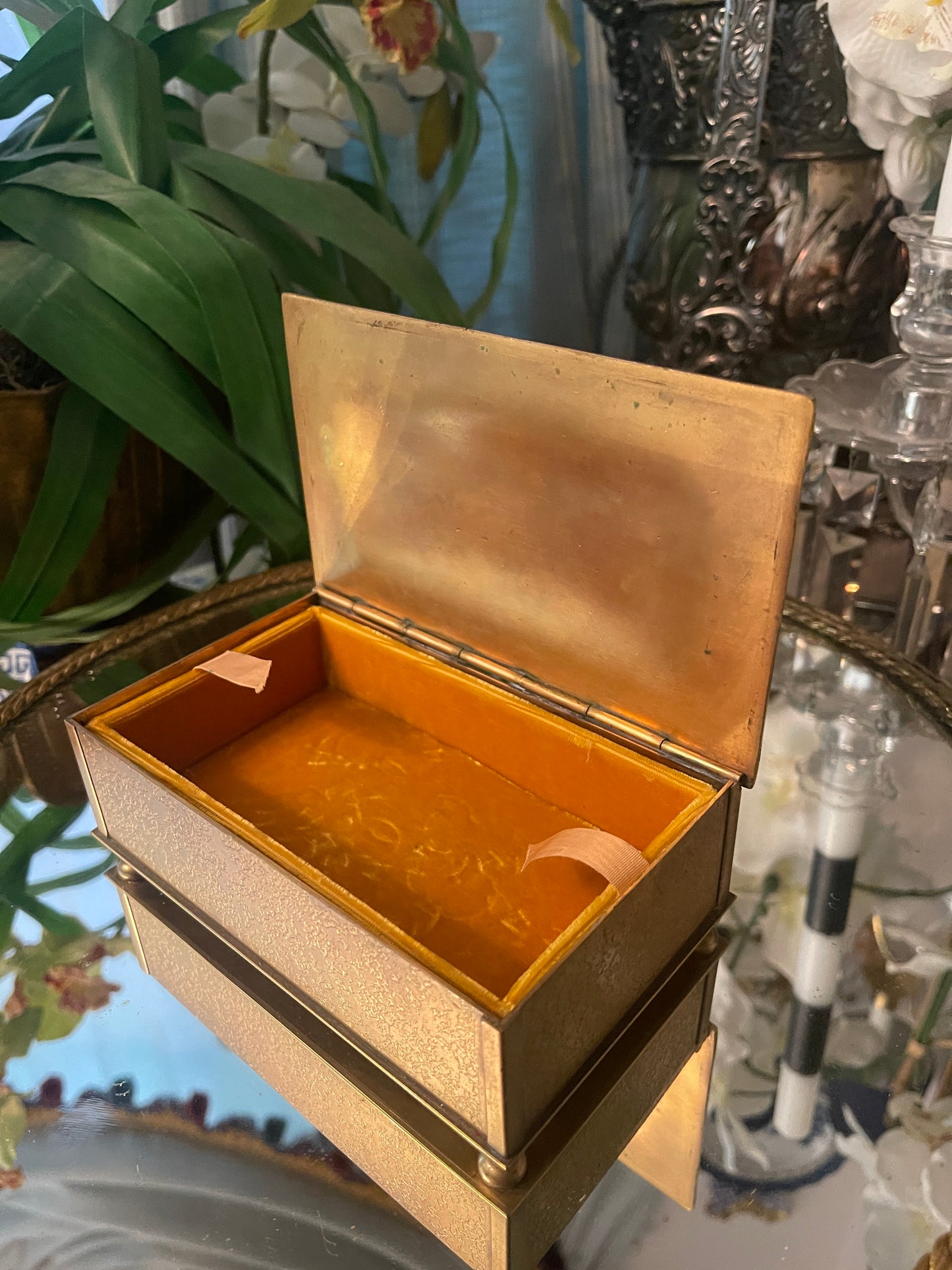 Antique Louis C Tiffany Furnaces Gold Dore’ Bronze Casket with Glass Inlay and Original Insert, Fantastic Estate Decor