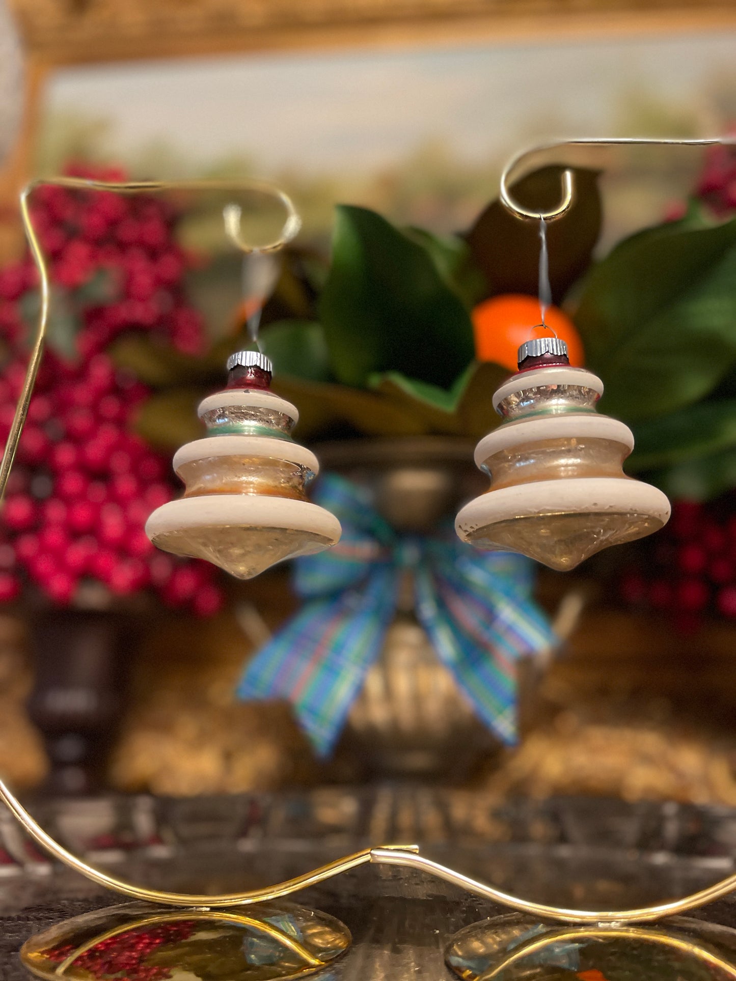 Vintage Shiny Brite Striped Mica UFO Tree Ornament Pair, Mid Century, Holiday Estate Decor