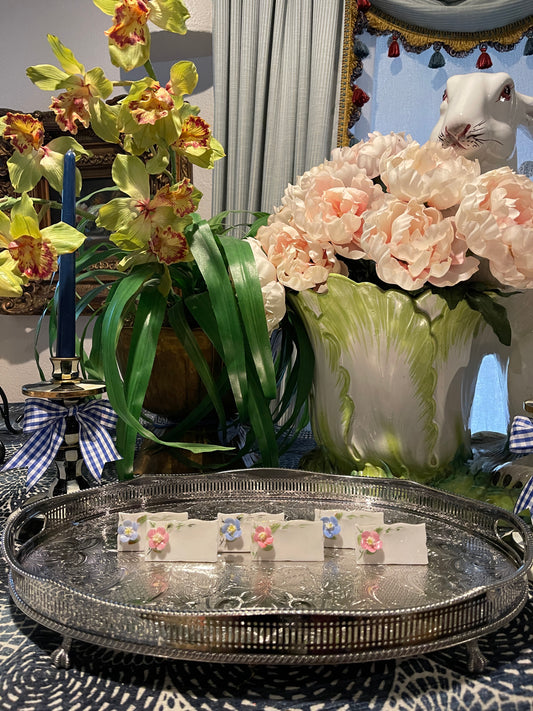 Porcelain Place Card Holders with Pink and Blue Applied Flowers, Shafford