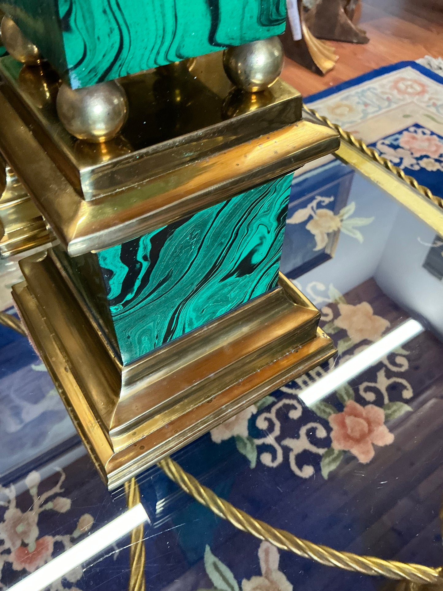 Vintage Faux Malachite and Brass Obelisks Pair