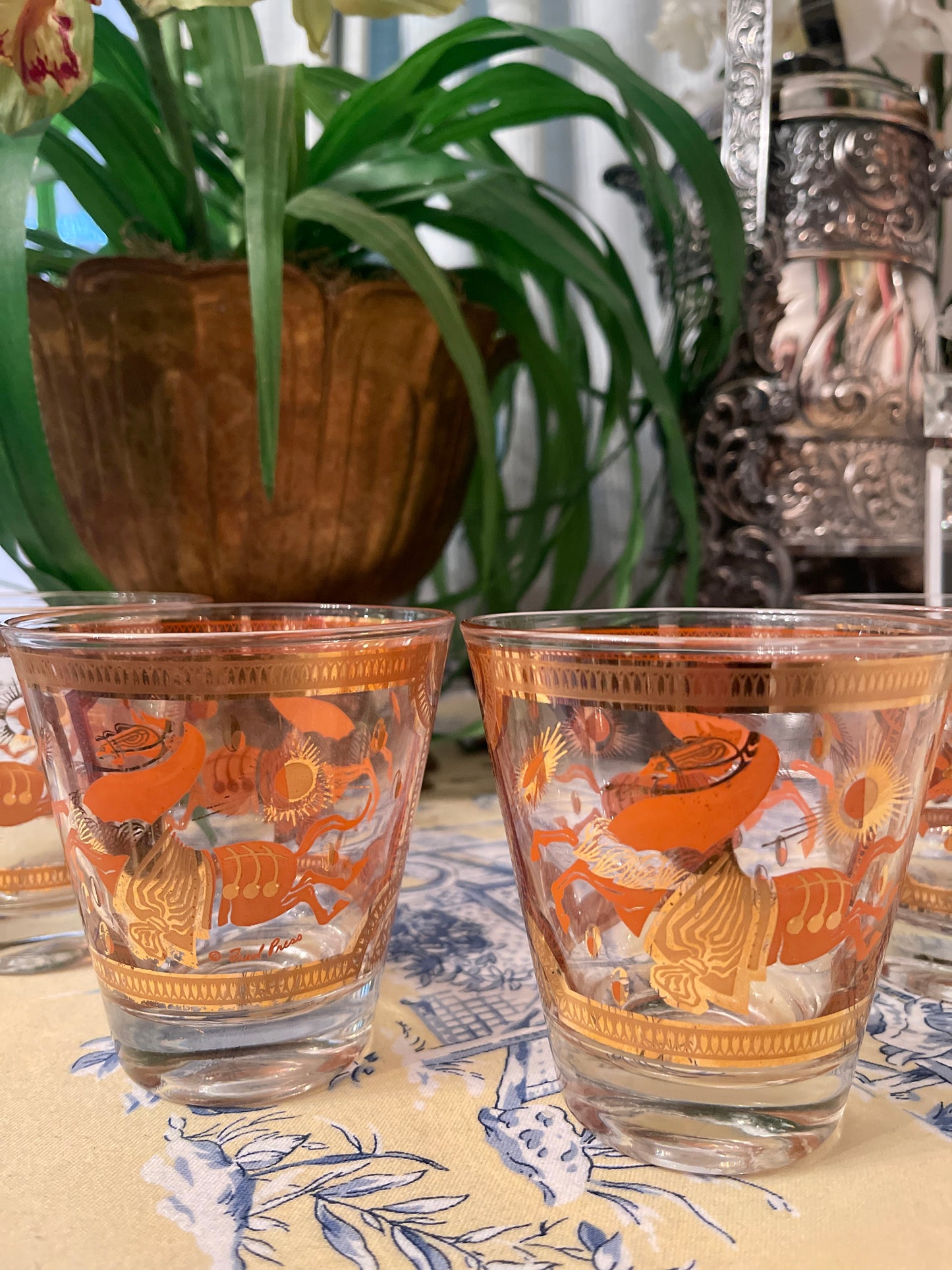 Vintage Fred Press Orange and 22kt Gold Trojan Horse Lowball Glasses, Set of Four