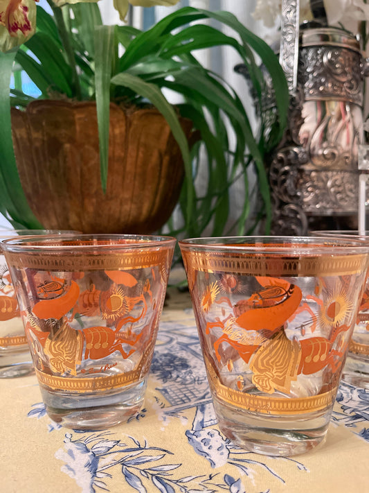Vintage Fred Press Orange and 22kt Gold Trojan Horse Lowball Glasses, Set of Four