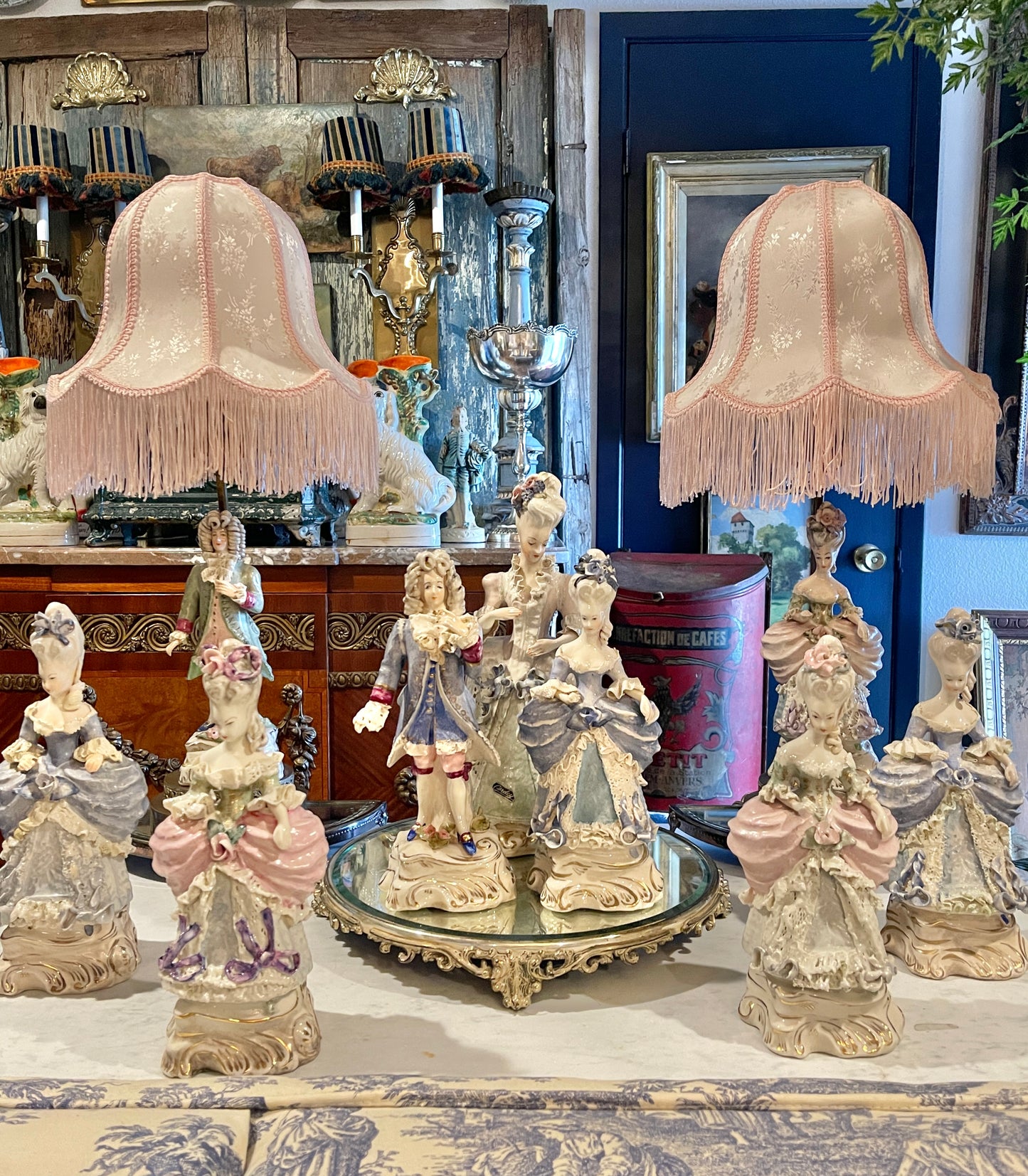 Whimsically Romantic Vintage Cordey Marie Antoinette–Inspired Rococo Lady Statuette | 11” | Blue and White with Light Blue Bows