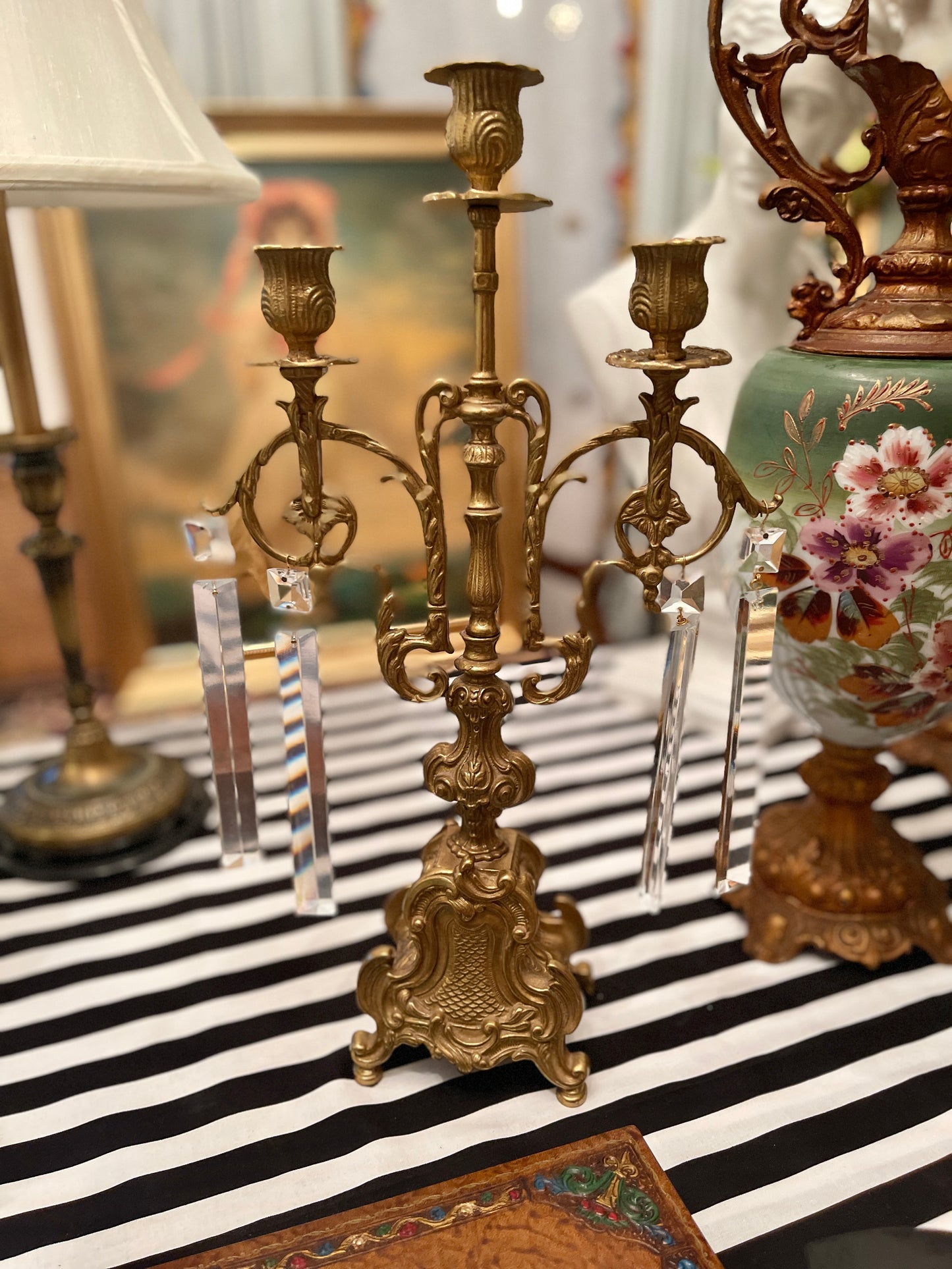 Vintage Ormolu Rococo Candlestick with Rectangular Prisms,