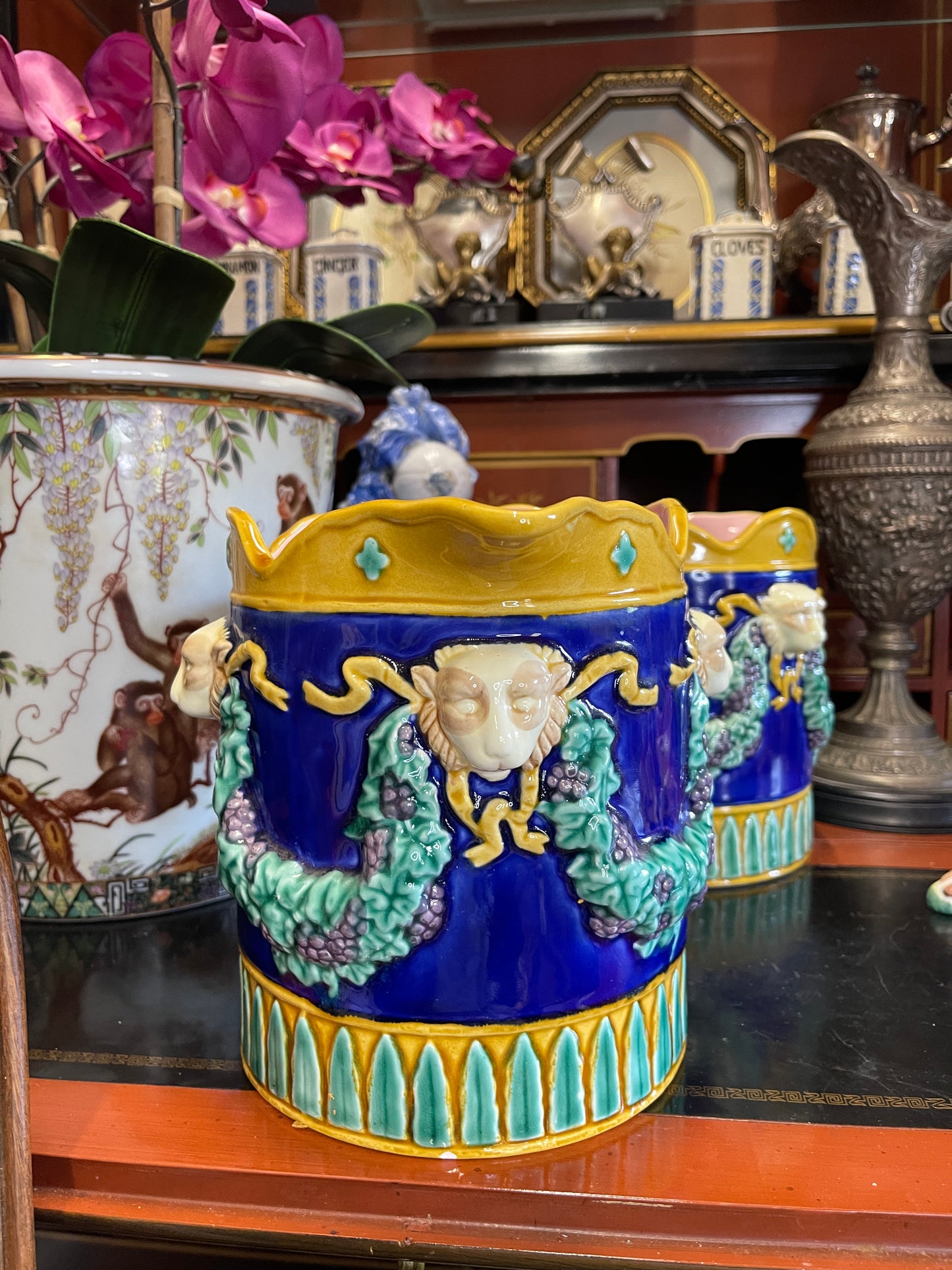 Fitz and Floyd Majolica-Style Pitcher – Monkey Head & Grape Vine Relief | In the Manner of George Jones, TWO AVAILABLE