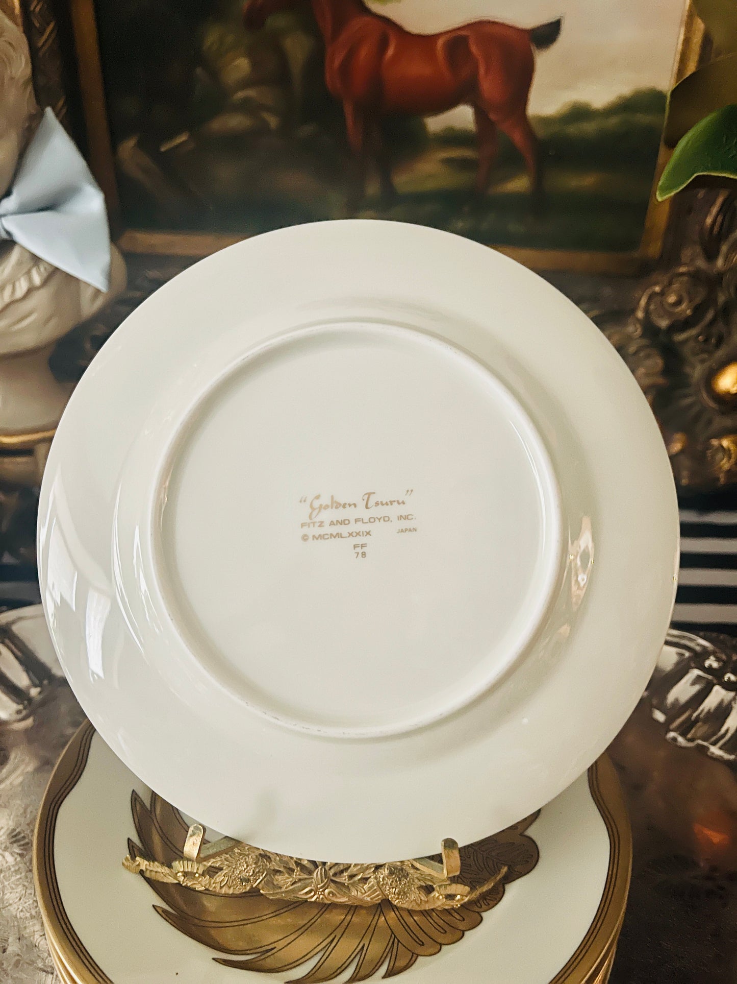 Golden Tsuru Fitz and Floyd Plates, Made in Japan, Golden Heron, Sold in Pairs 7.5”
