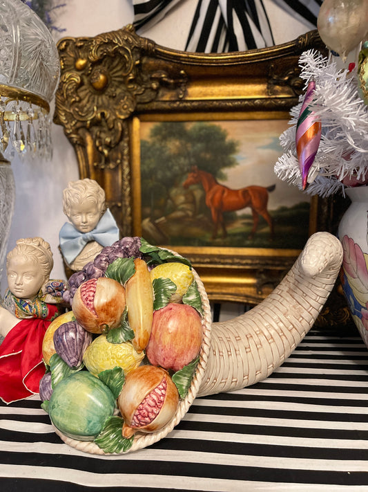 Large Italian Bountiful Frit Filled Basketweave Cornucopia, Hand Painted, Vintage Estate Decor