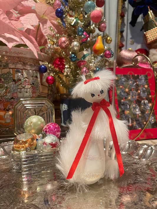 Vintage Blown Glass Parisian Kitty Ornament with Glitter Stripes, Original Box