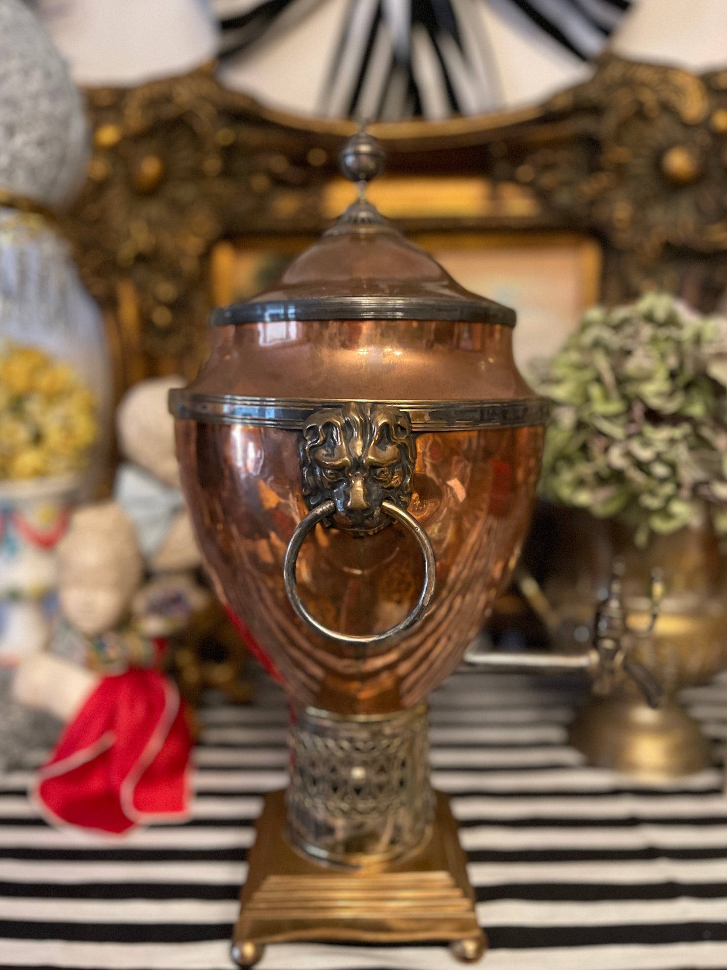 Adam Style Neoclassical Copper & Brass
Samovar with Lion Head Rings and Stepped Base