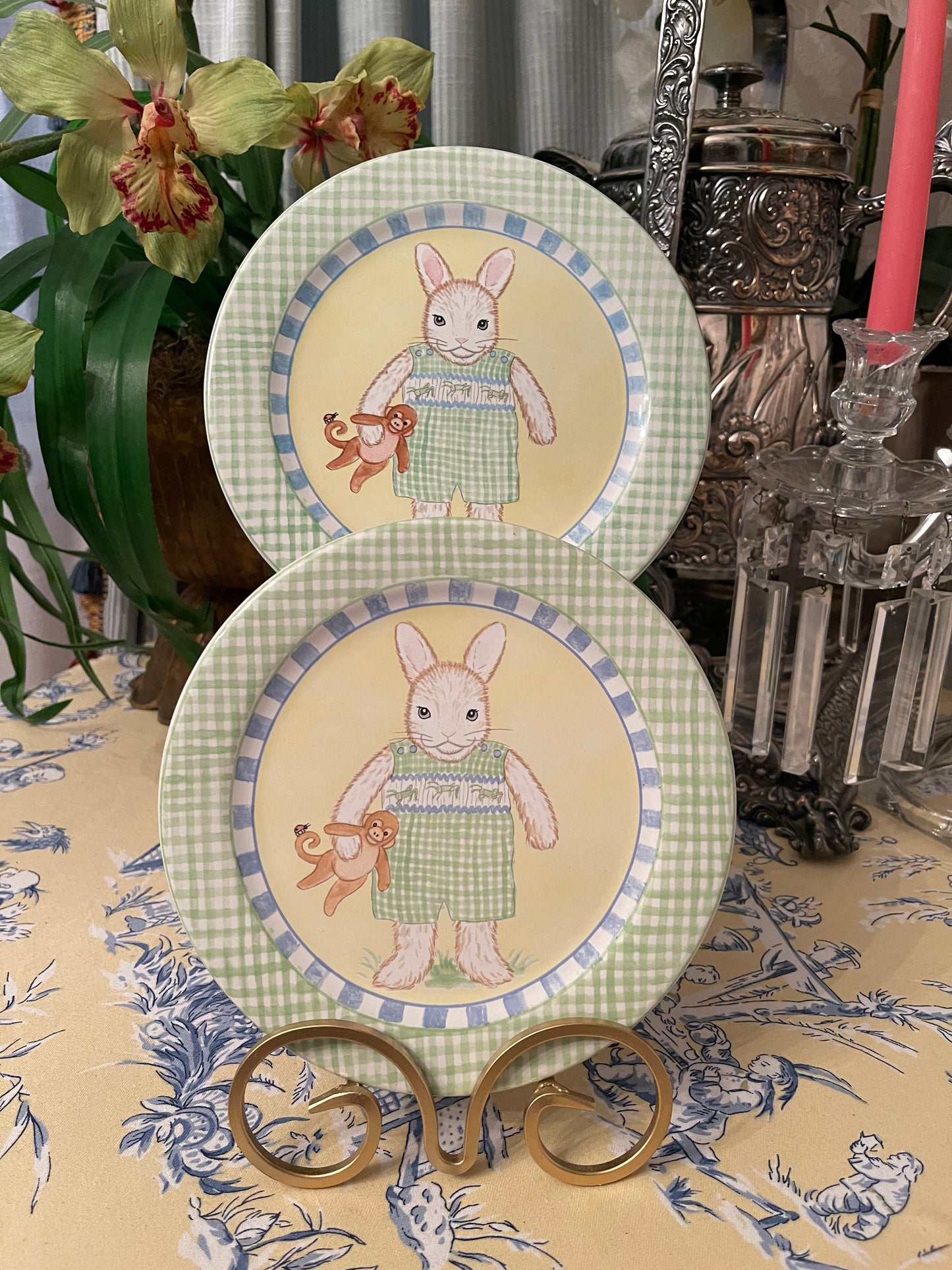 Precious Kelly B Rightsell Bunny in Smocked Romper Plate - Green, Blue and White- Made in Portugal