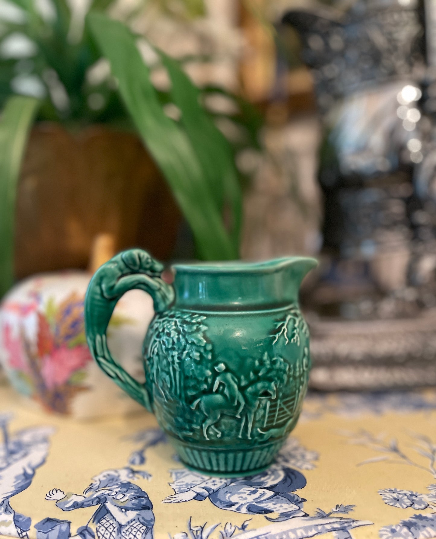 Majolica Wedgwood of Etruria & Barlaston Pitcher/Creamer, Made in England, Vintage, Green Equestrian