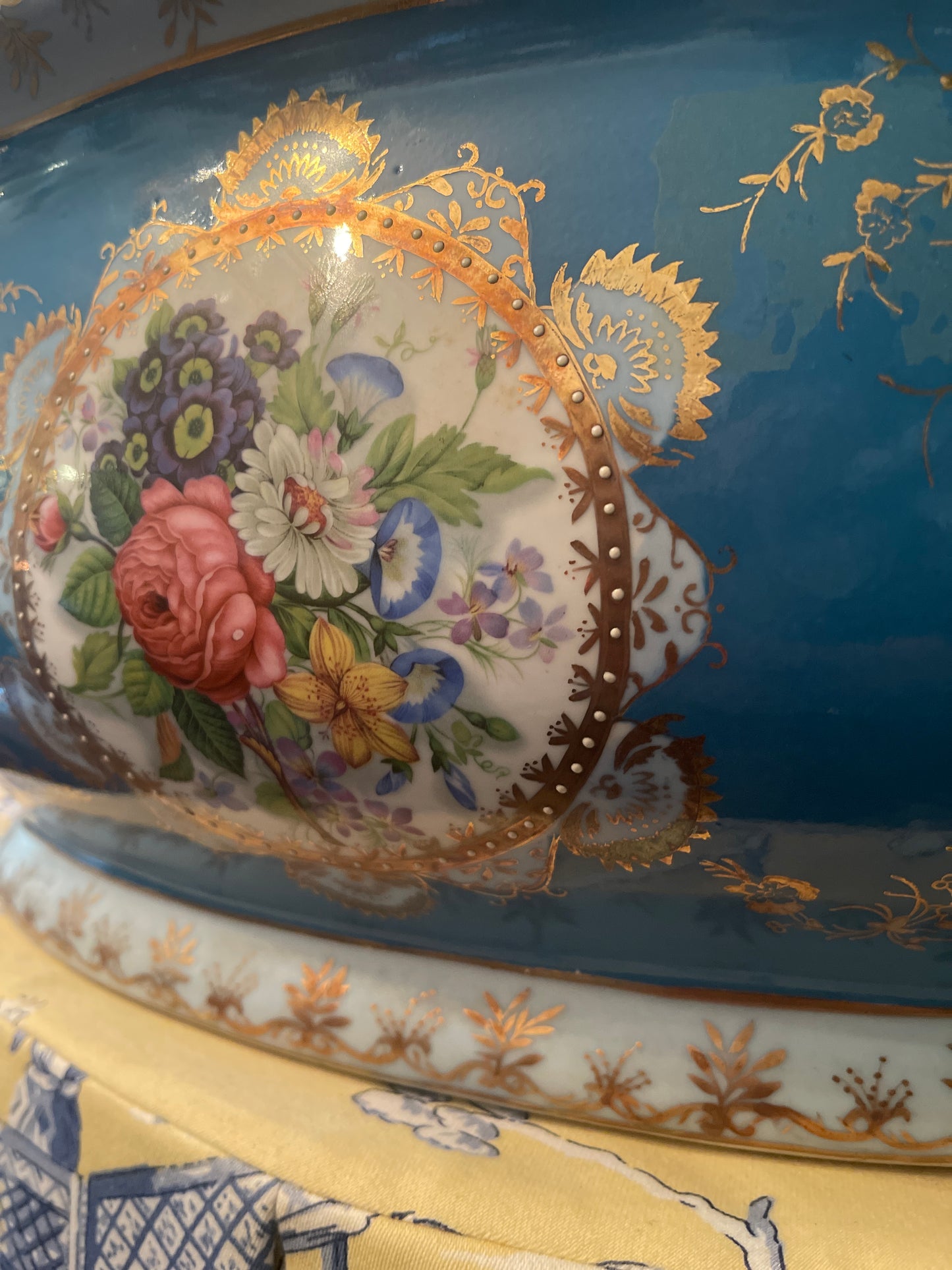 XLarge Porcelain Foot Bath, vibrant blue and white with multi-colored floral medallions and gold accents,