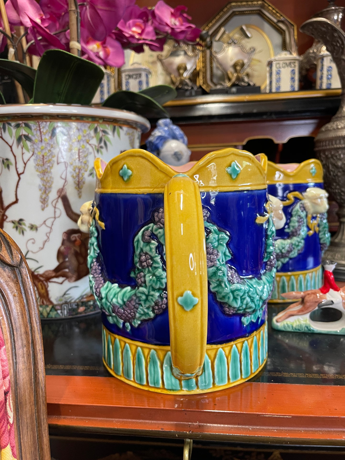 Fitz and Floyd Majolica-Style Pitcher – Monkey Head & Grape Vine Relief | In the Manner of George Jones, TWO AVAILABLE