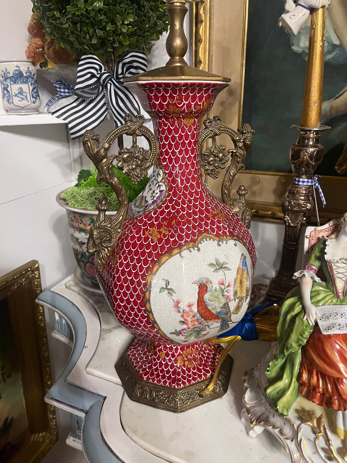Vintage Red Porcelain Bird Lamps Pair | Ormolu Bow & Wreath Handles | European Twists, Grandmillennial / Chinoiserie Decor